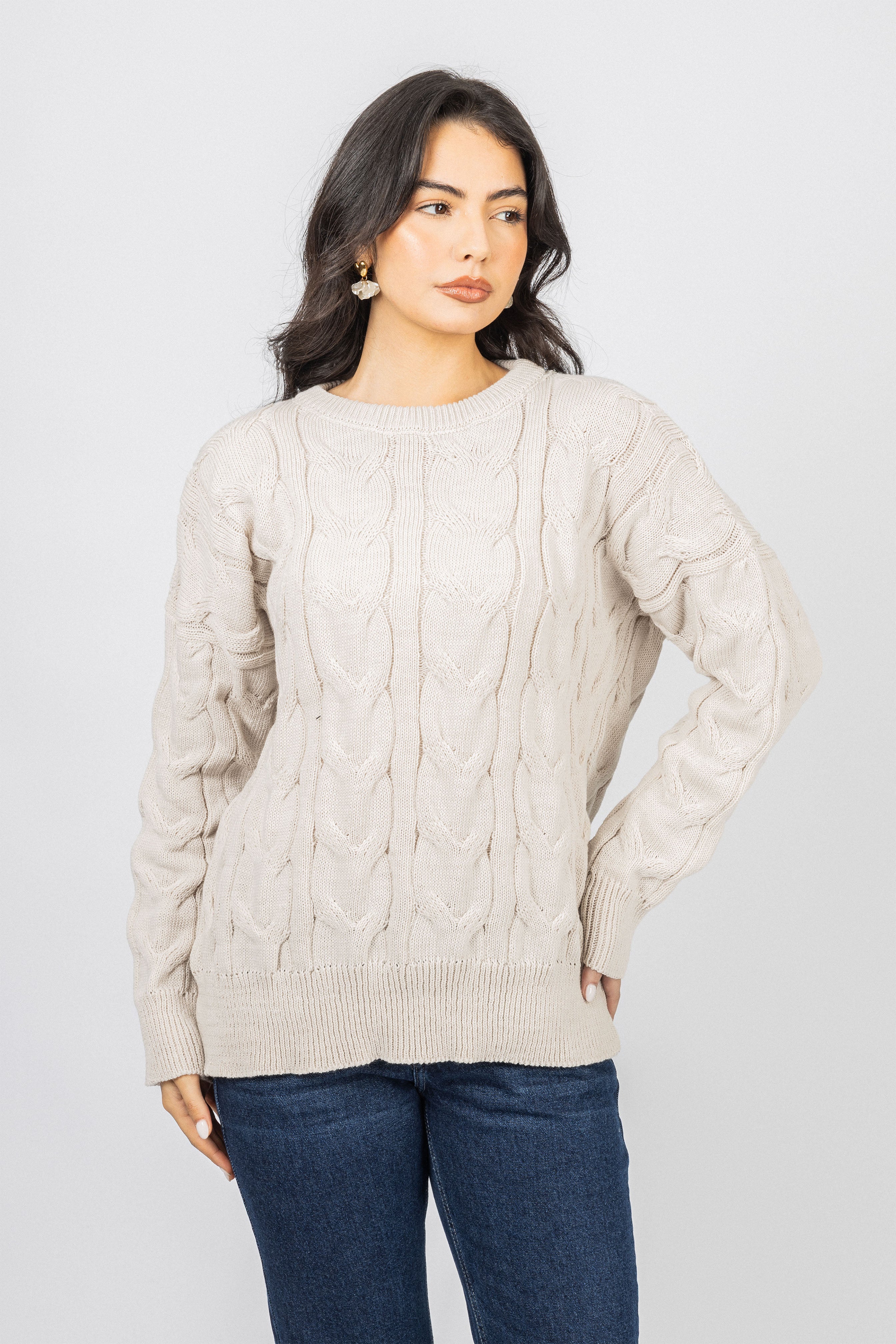 Beige Knitted Round Pullover