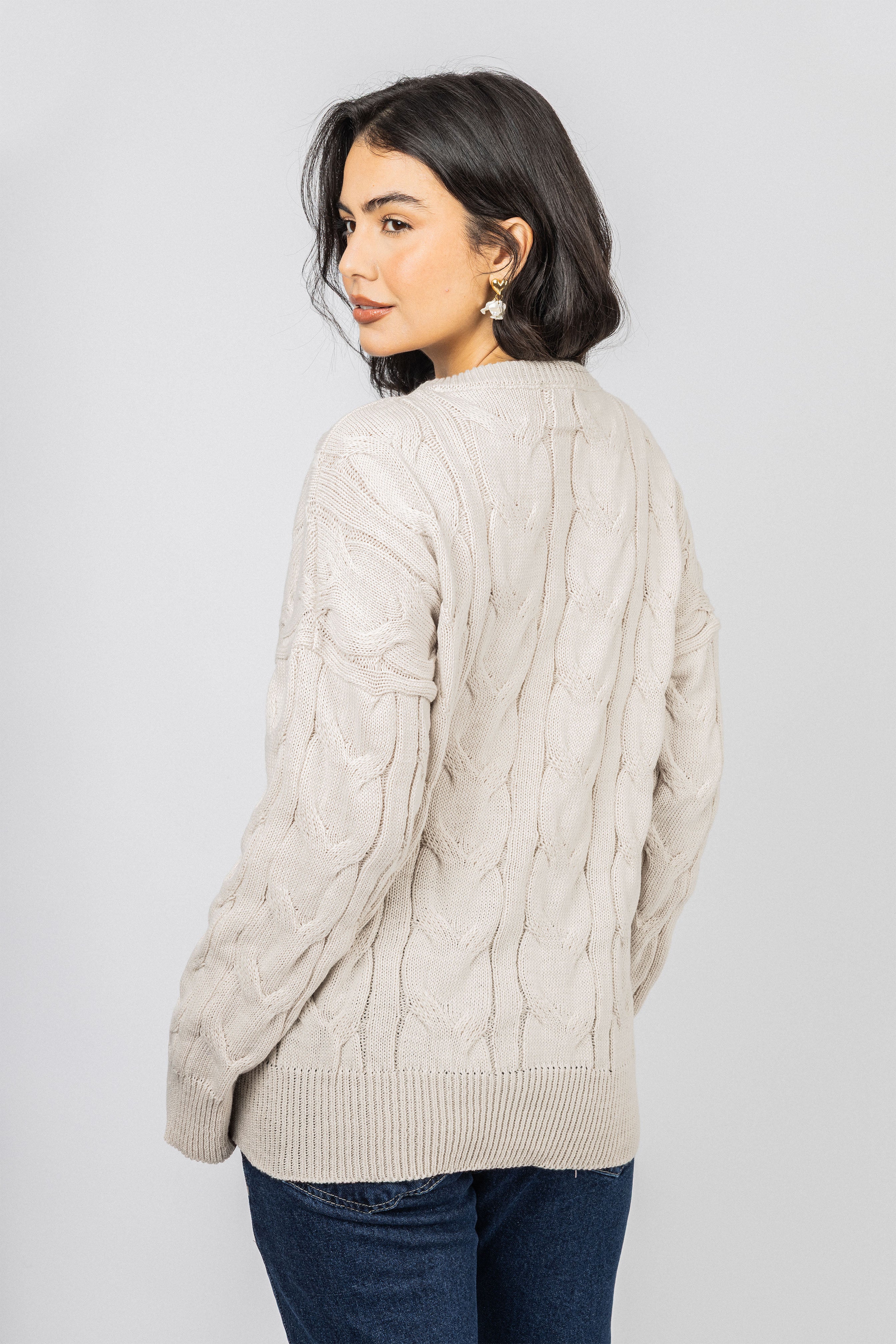 Beige Knitted Round Pullover