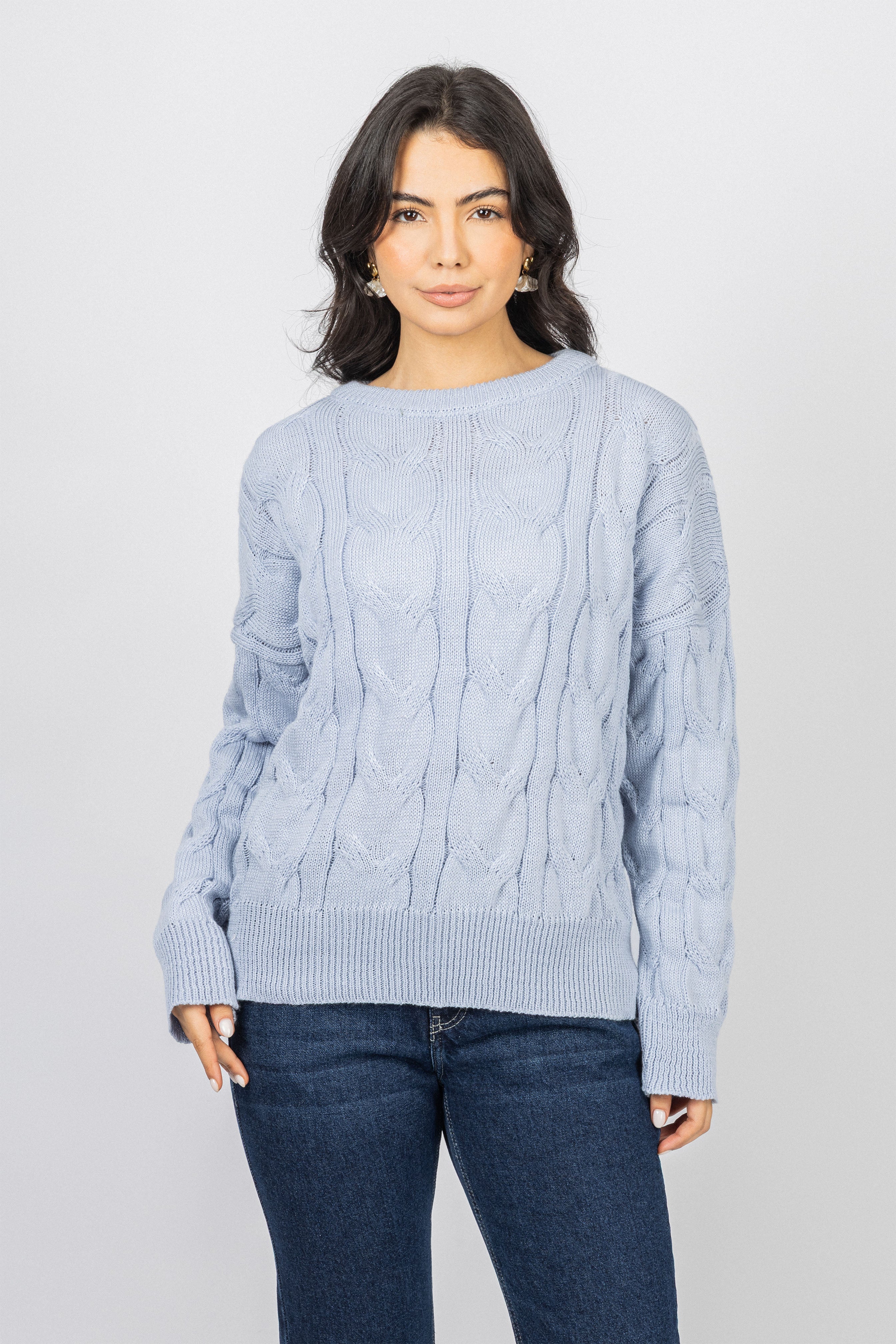 Light Blue Knitted Round Pullover