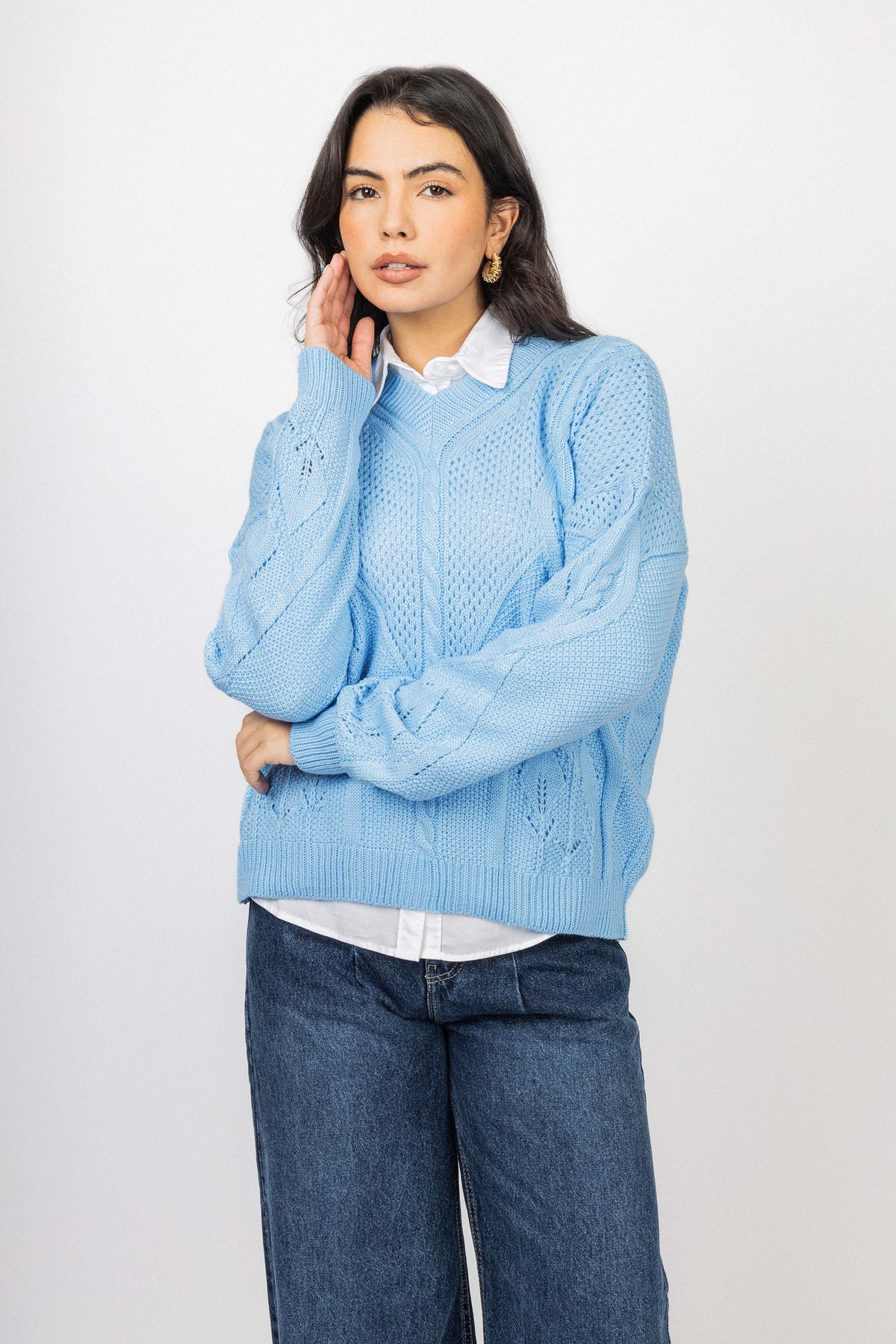 Light Blue Knitted V-Neck Pullover - De Backers - 2