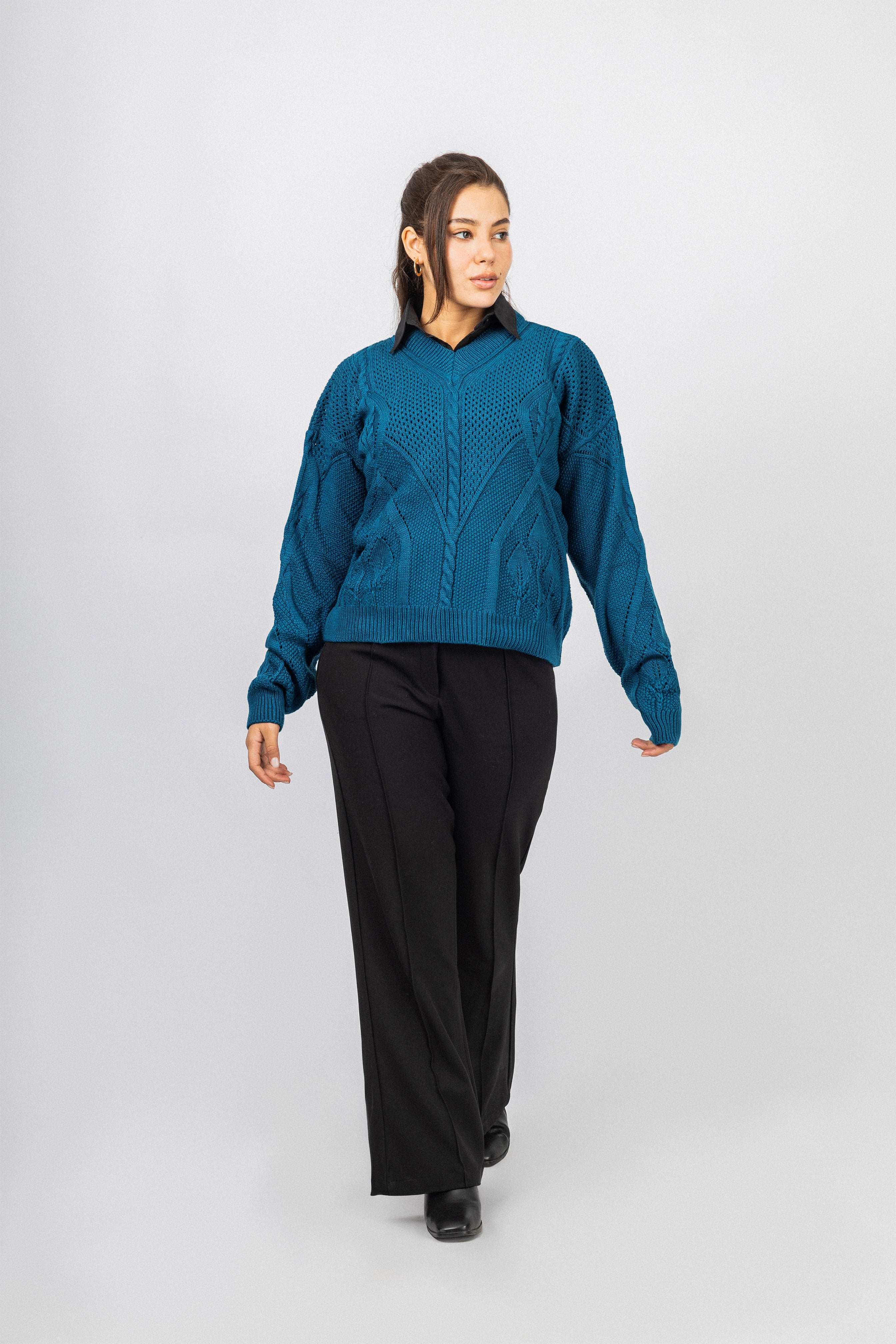 Teal Blue Knitted V-neck Pullover