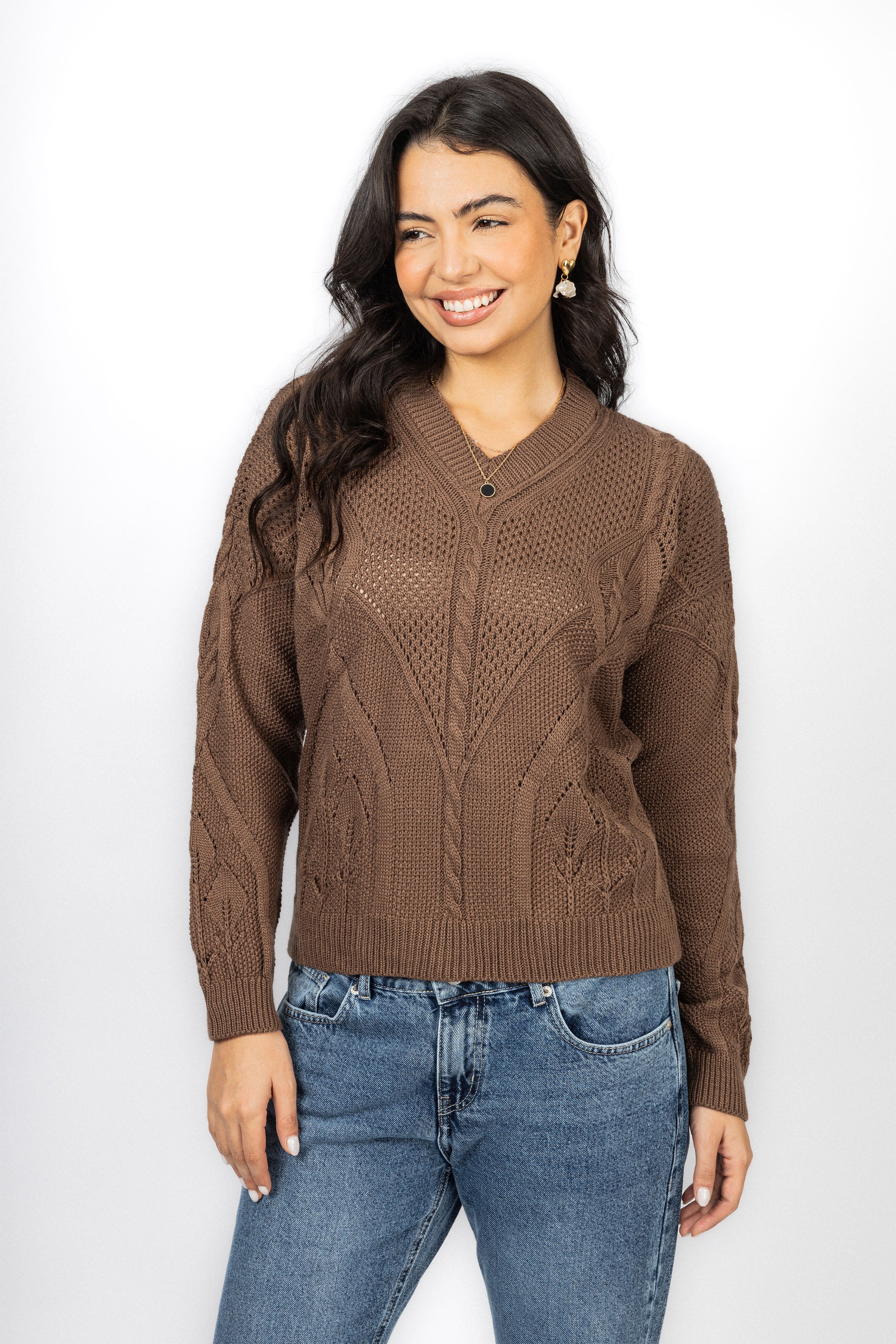 Light Brown Knitted V-neck Pullover