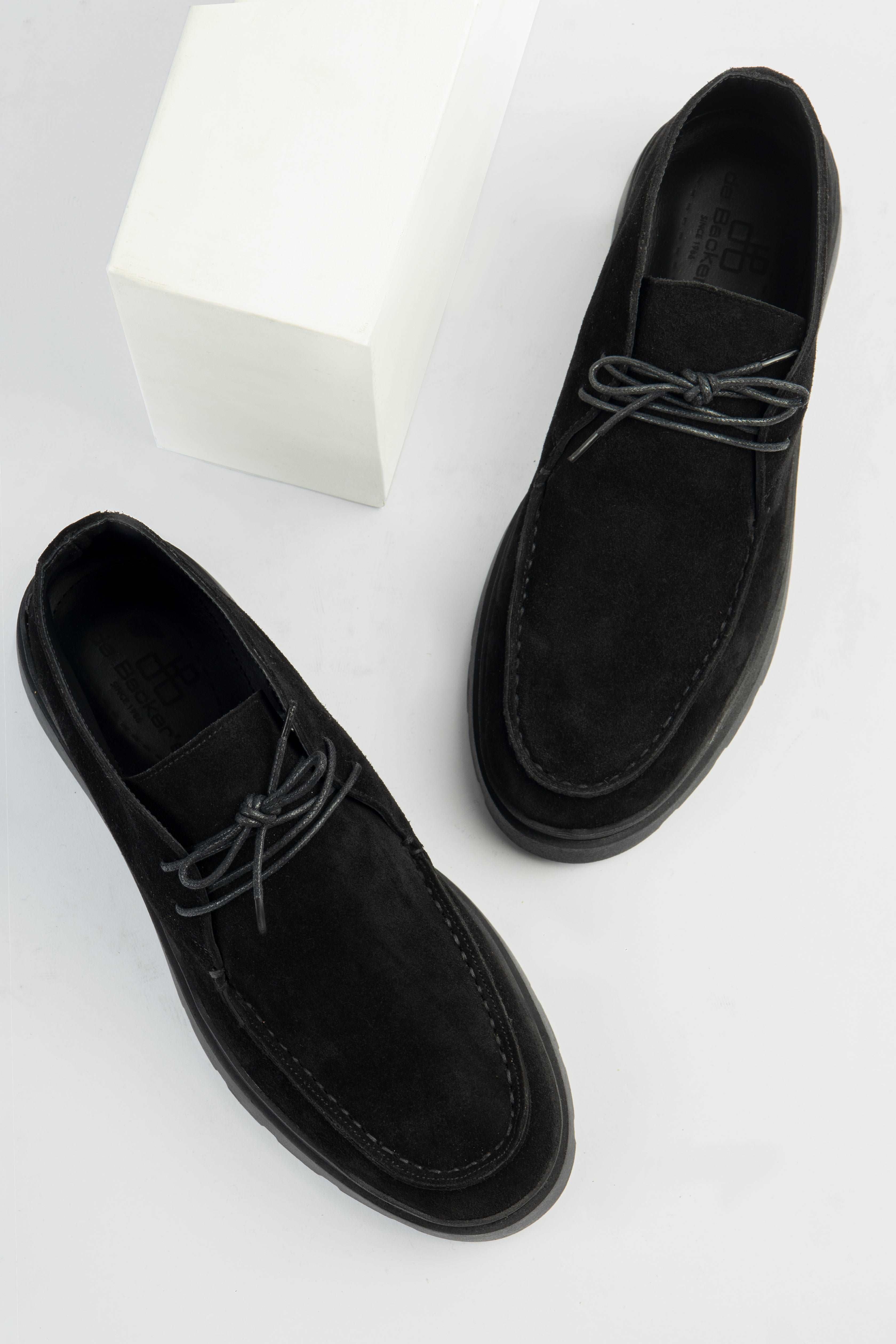 Black Leather Chamois Plain Half-boot with laces - 2