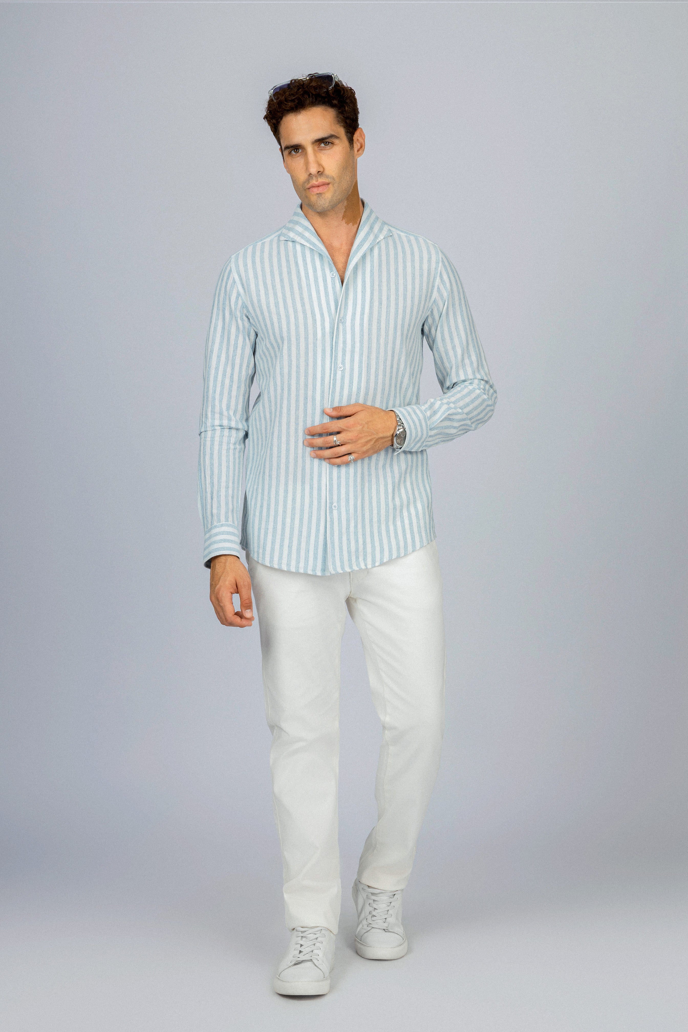 Striped Light Blue Linen Blend Casual Shirt