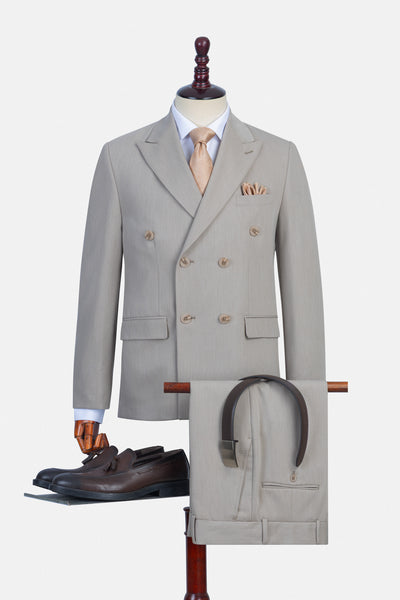 Beige Double Breasted Casual Suit
