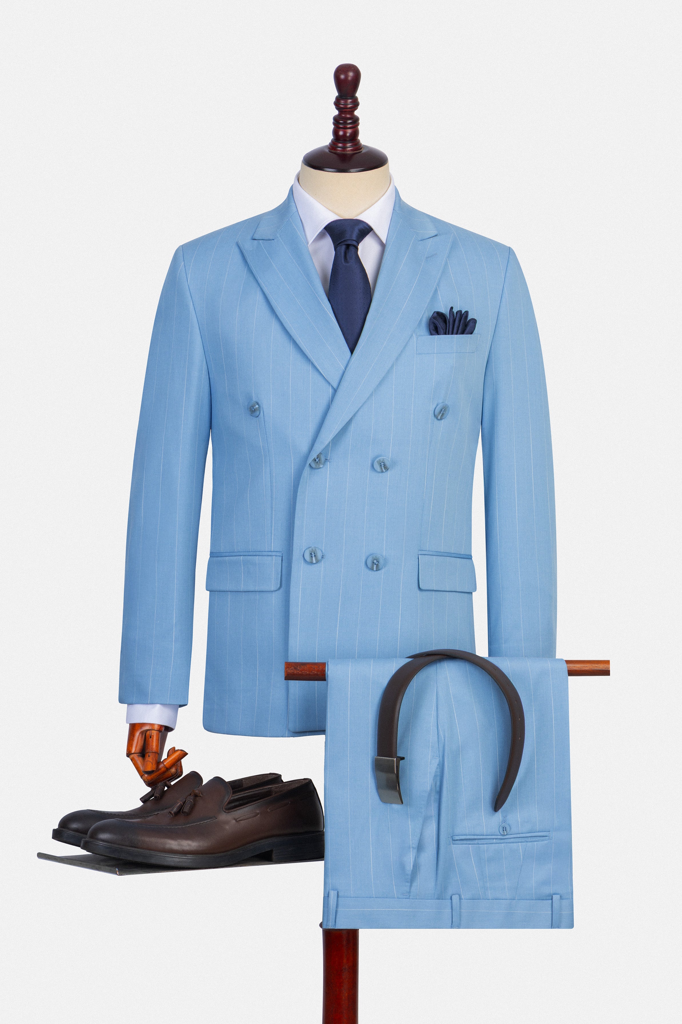 Striped Bamboo Light Blue Double Breasted Casual Suit