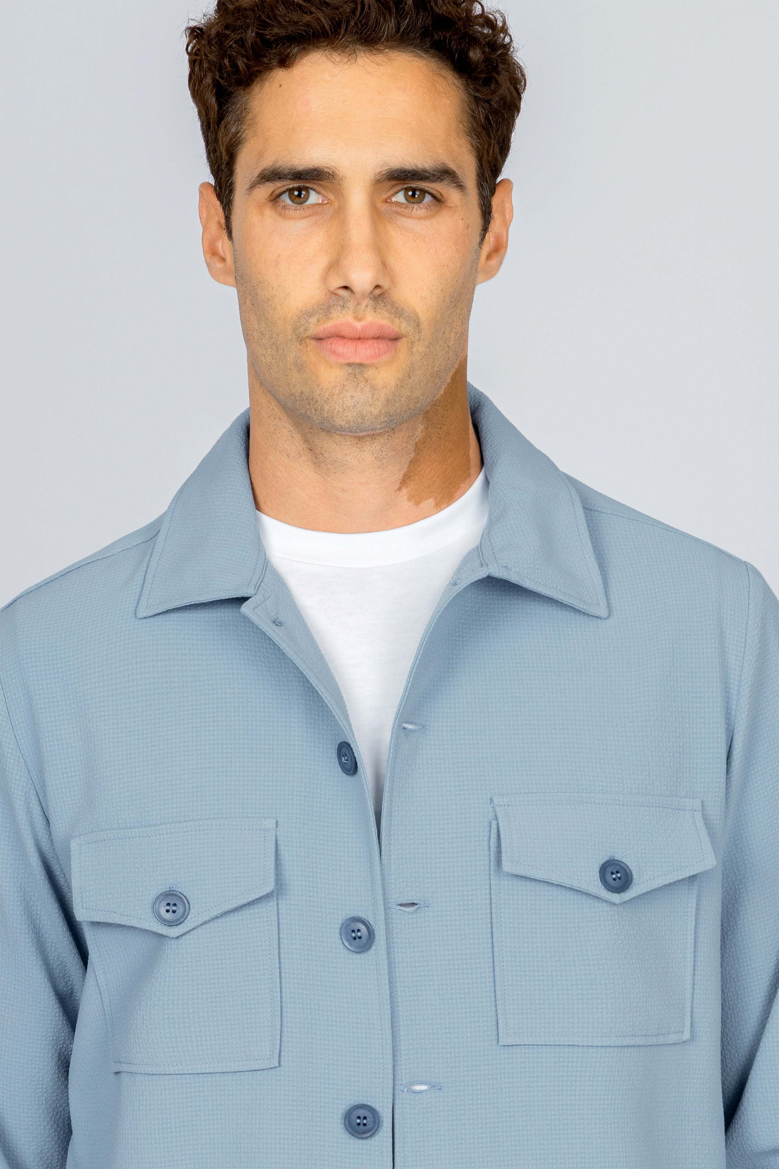 Patterned Light Blue Button-Up Over-Shirt
