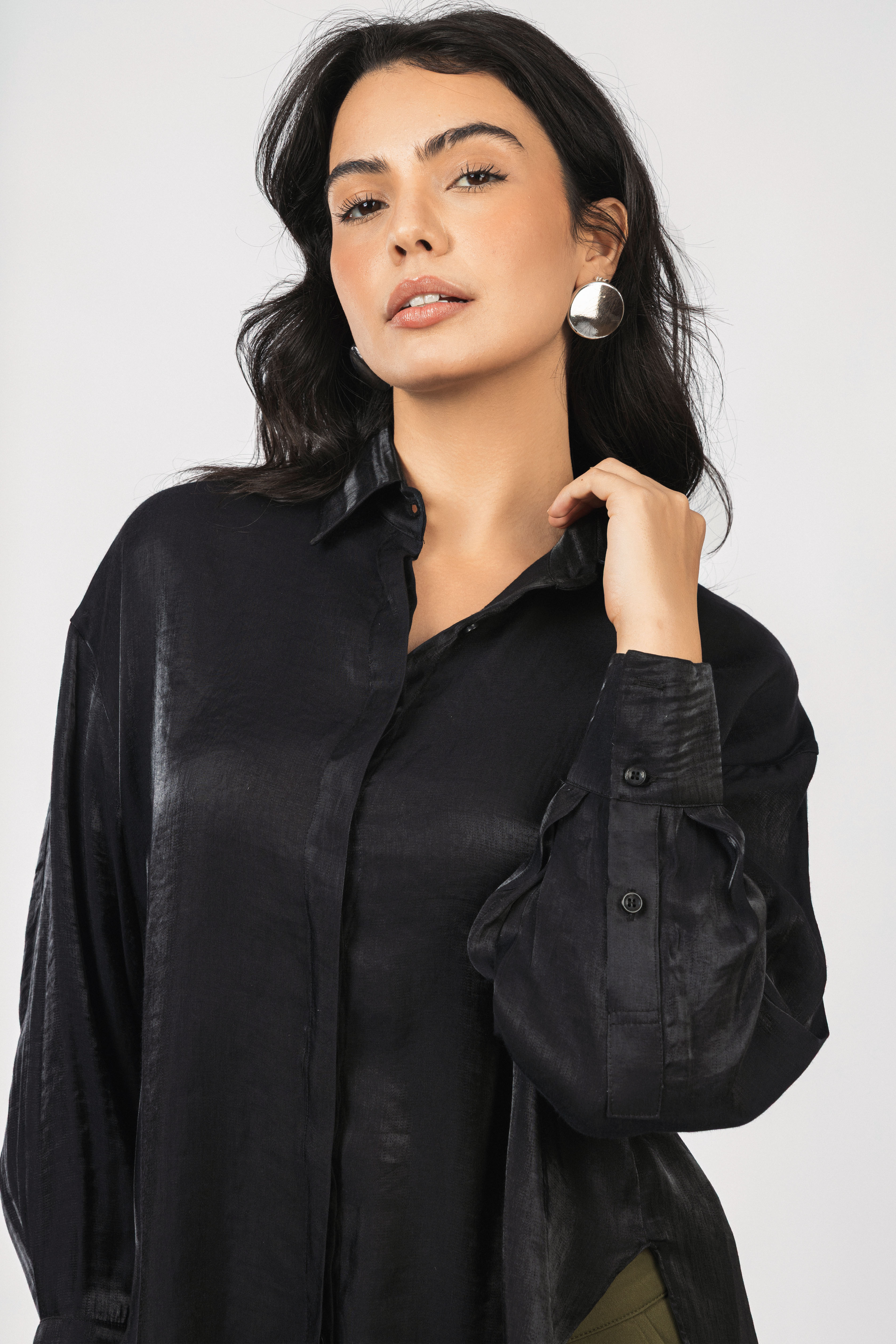 Black Sheen Chiffon Classic Shirt