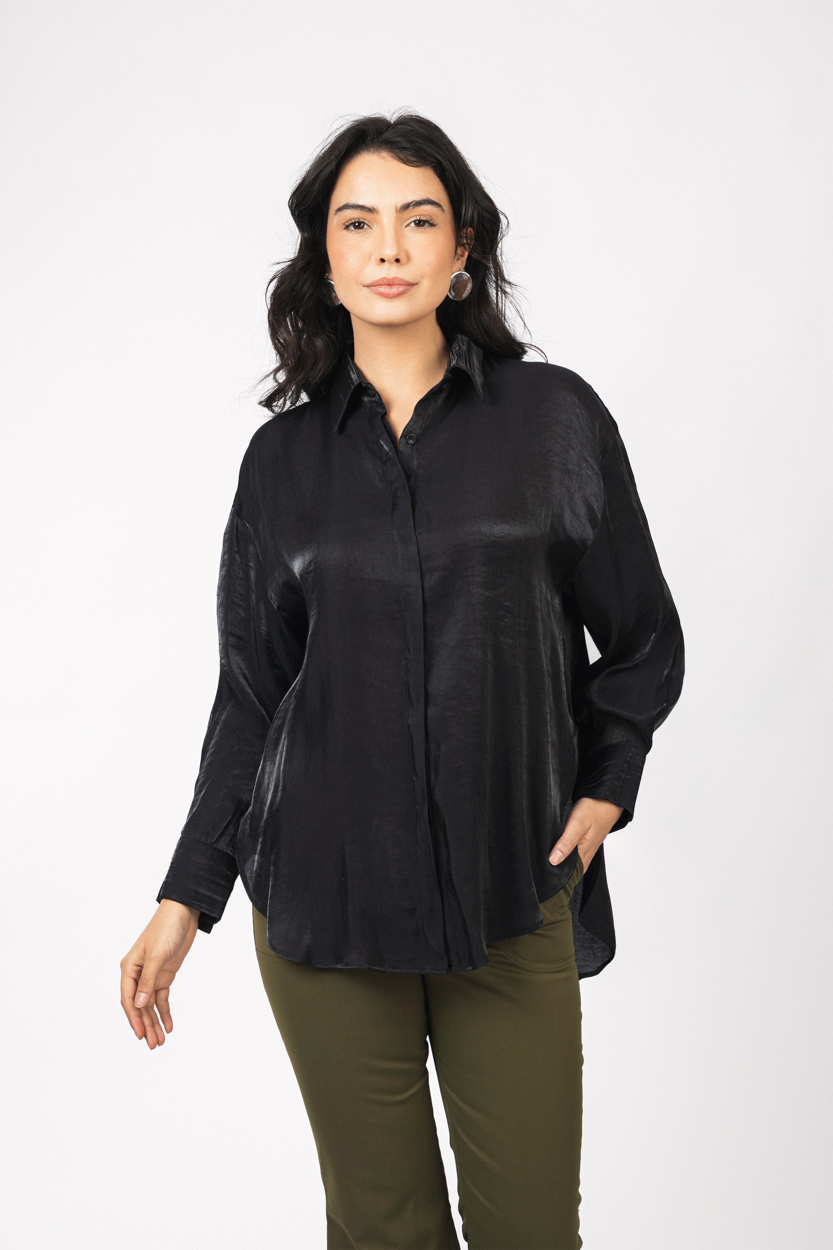 Black Sheen Chiffon Classic Shirt