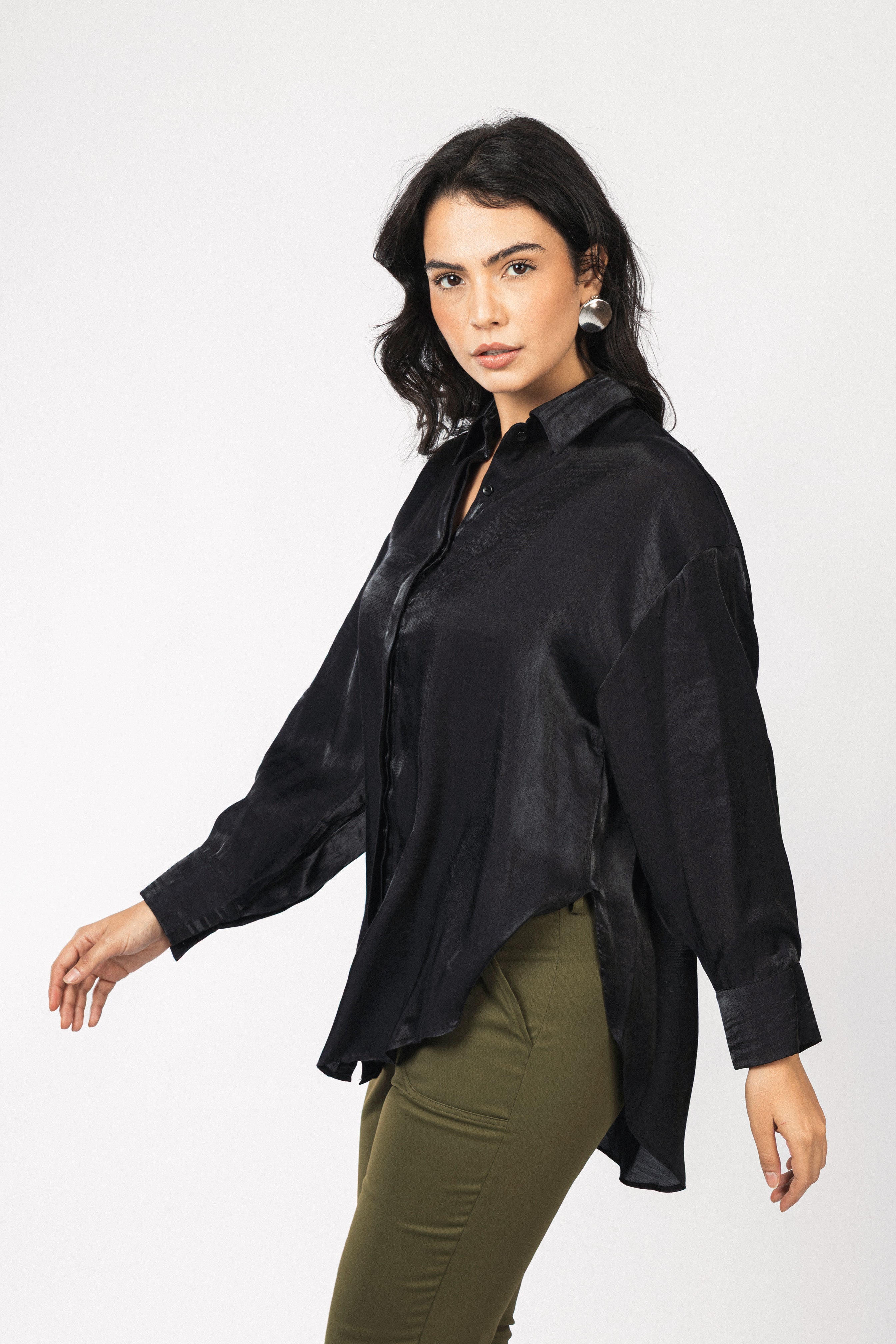 Black Sheen Chiffon Classic Shirt