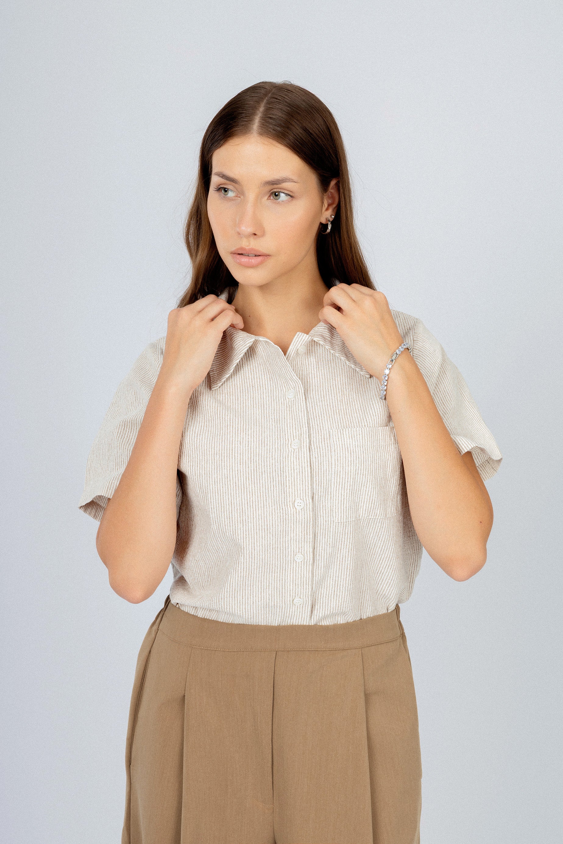 Women's Linen Blend Striped Brown Short Sleeves Shirt