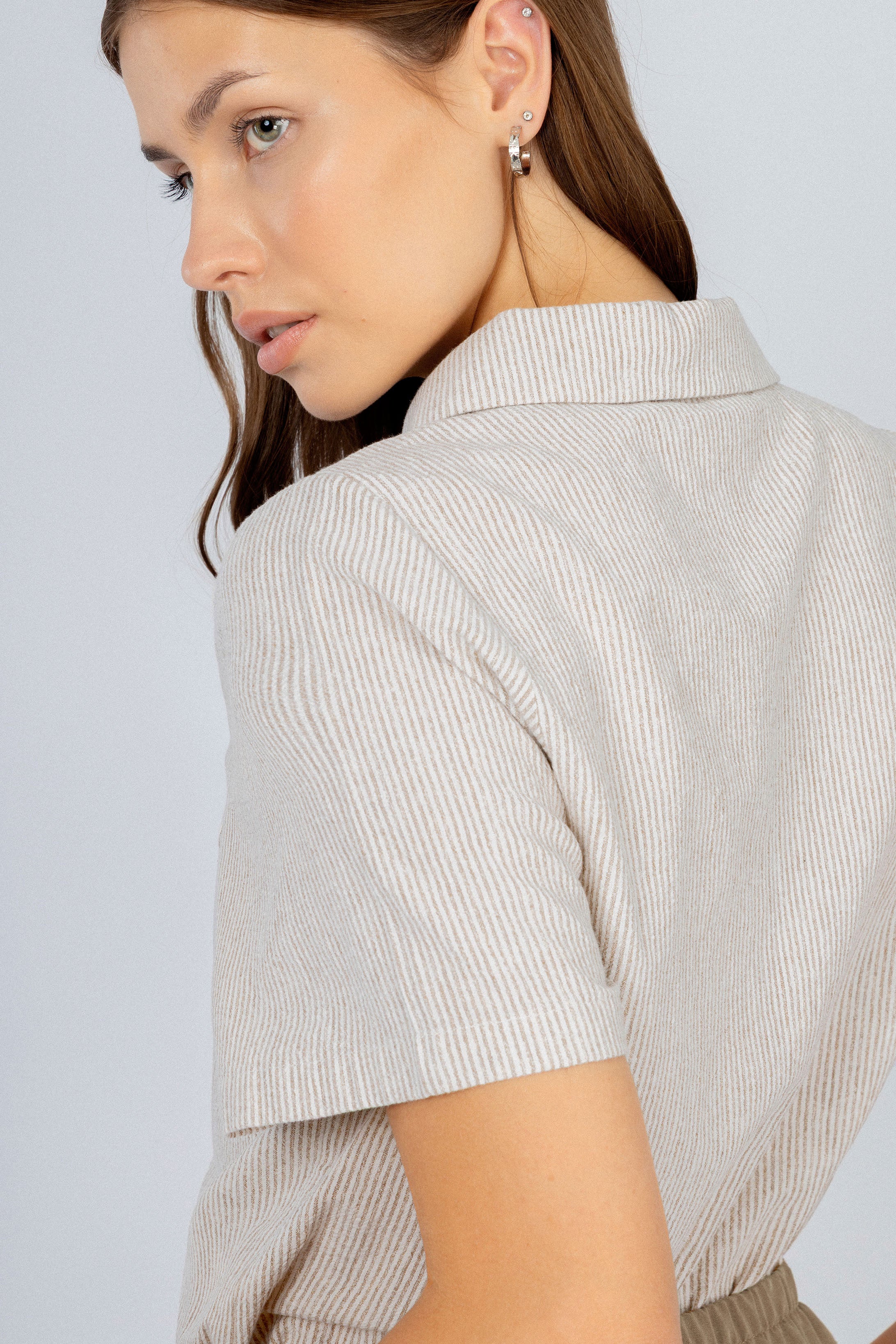 Women's Linen Blend Striped Brown Short Sleeves Shirt