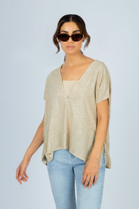 Beige Linen Short-Sleeve Blouse