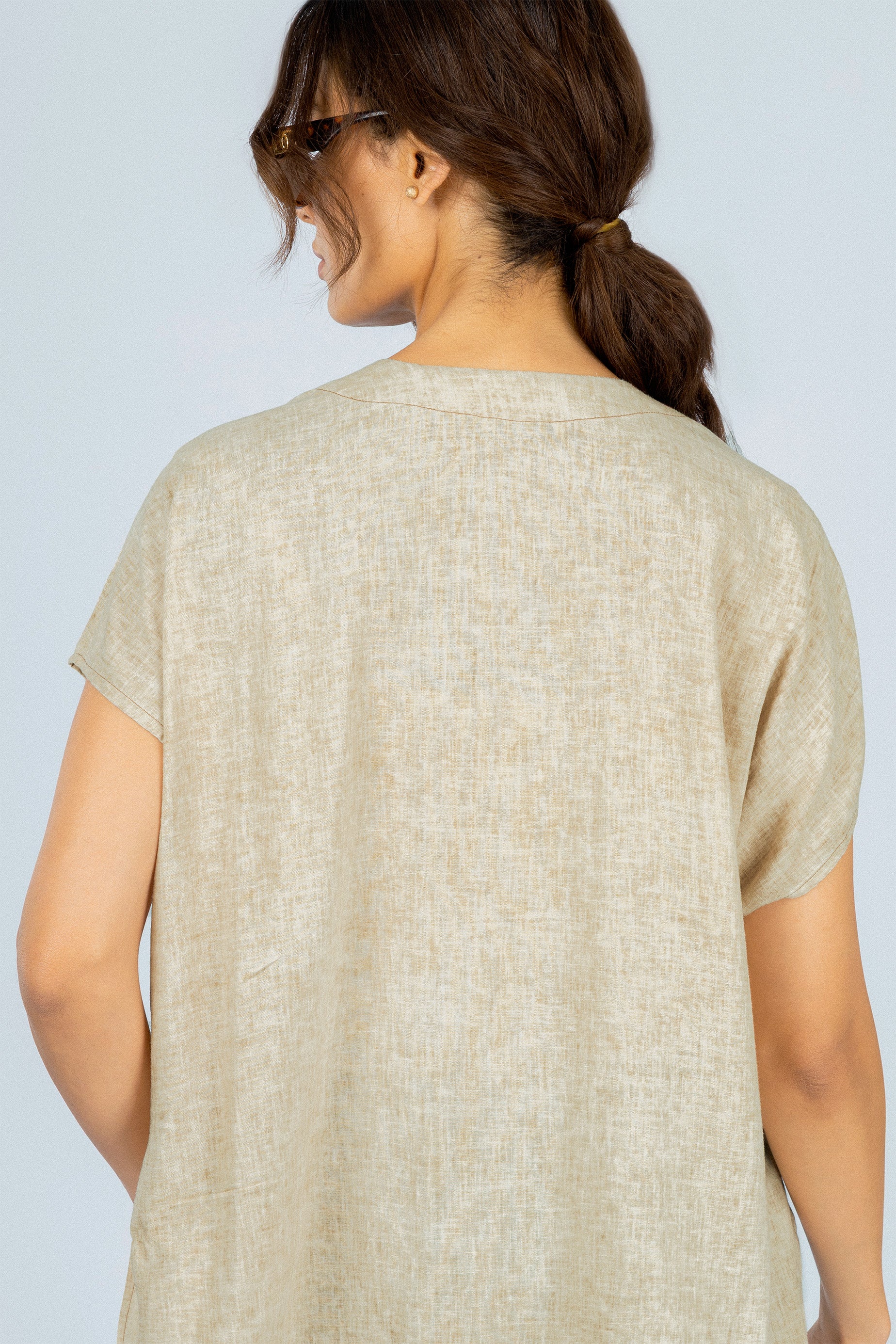 Beige Linen Blend Short-Sleeve Blouse
