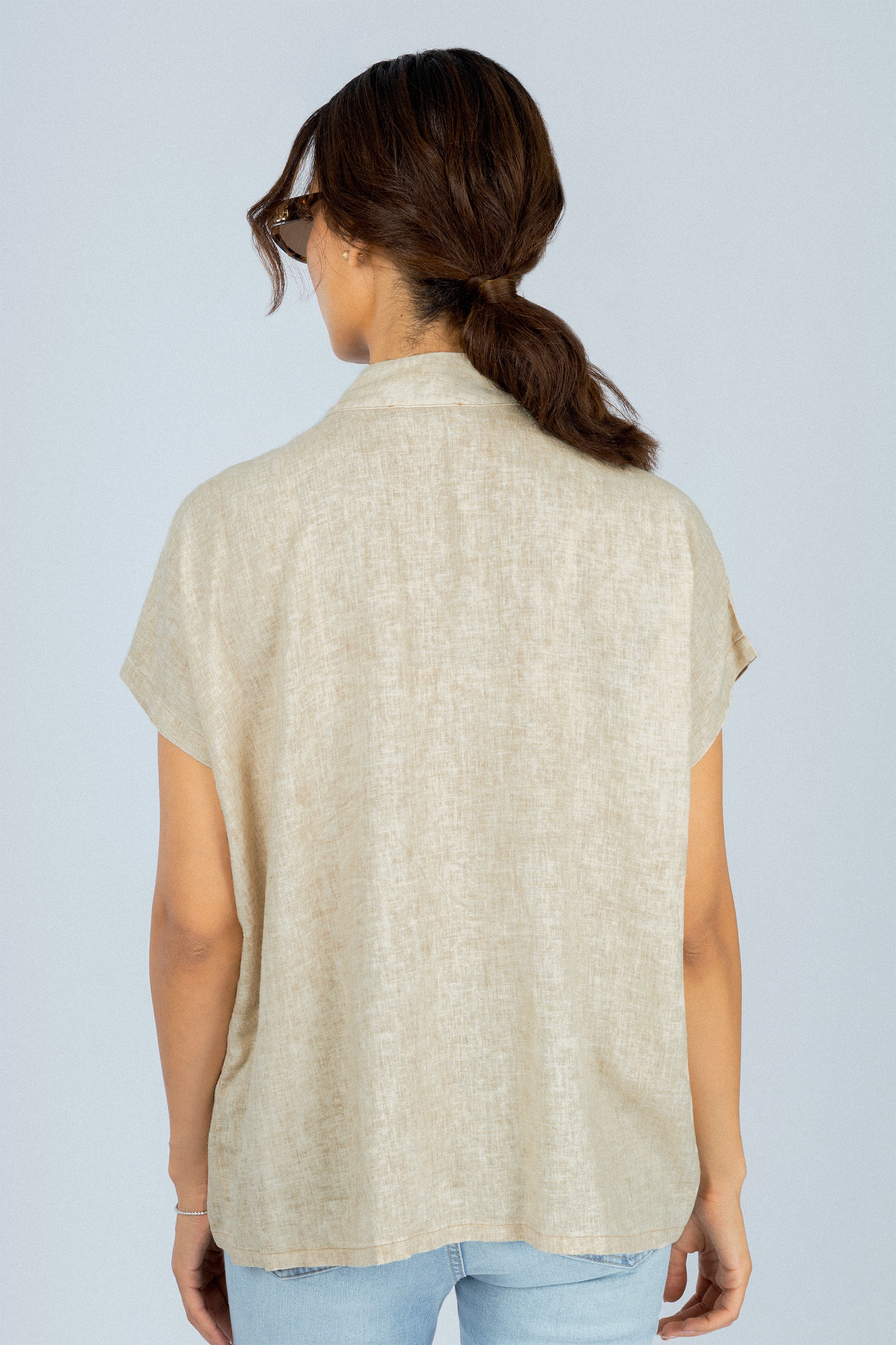 Beige Linen Blend Short Sleeves Blouse