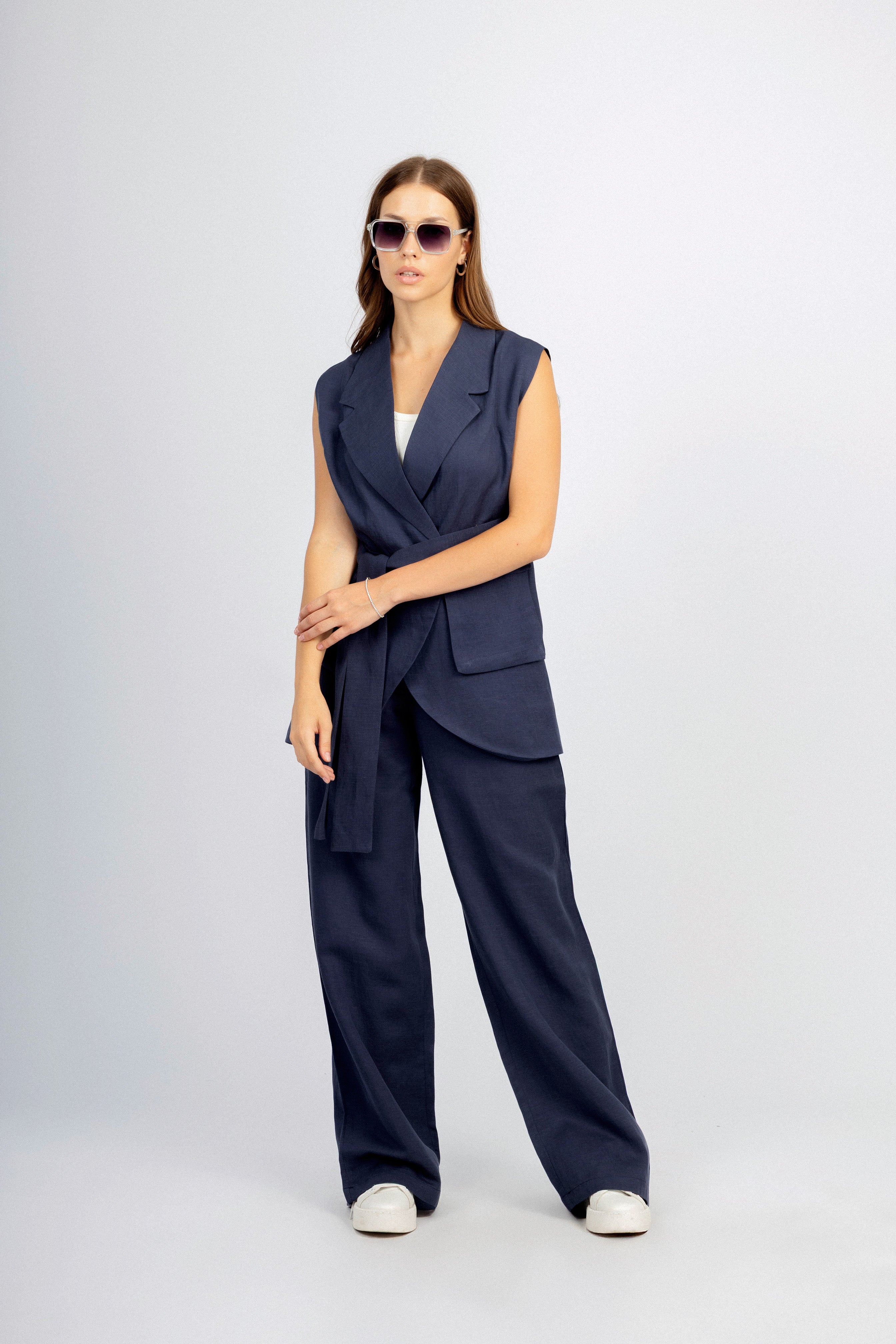 Navy Linen Feel Womens Suit