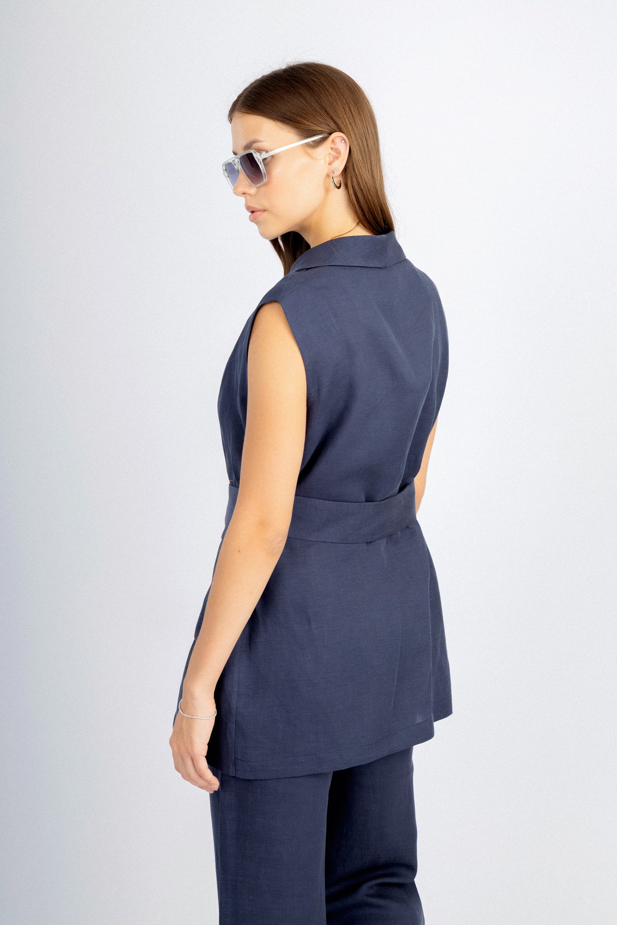 Navy Linen Feel Womens Suit