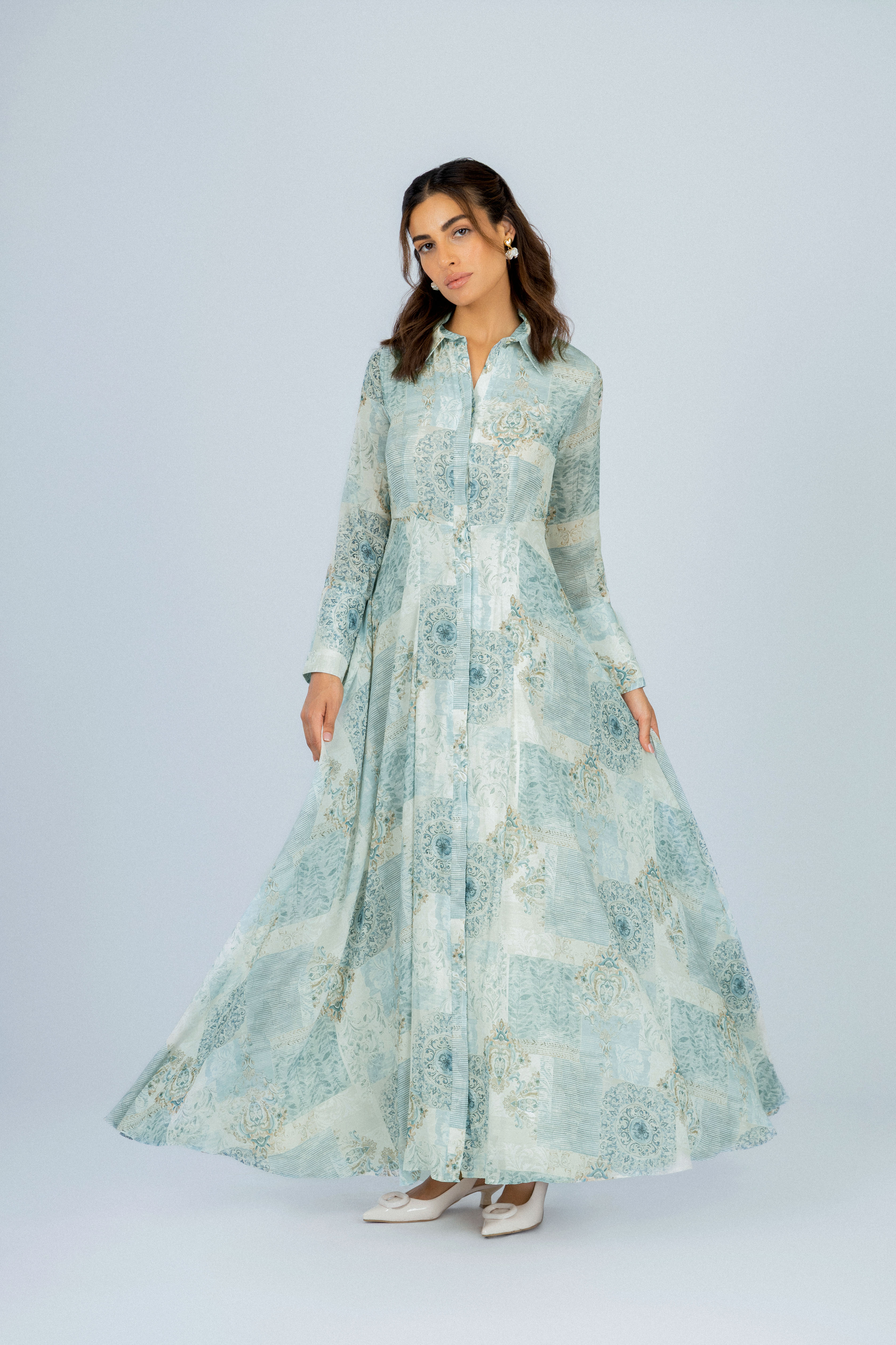 Printed Light Green Chiffon Classic Long Dress