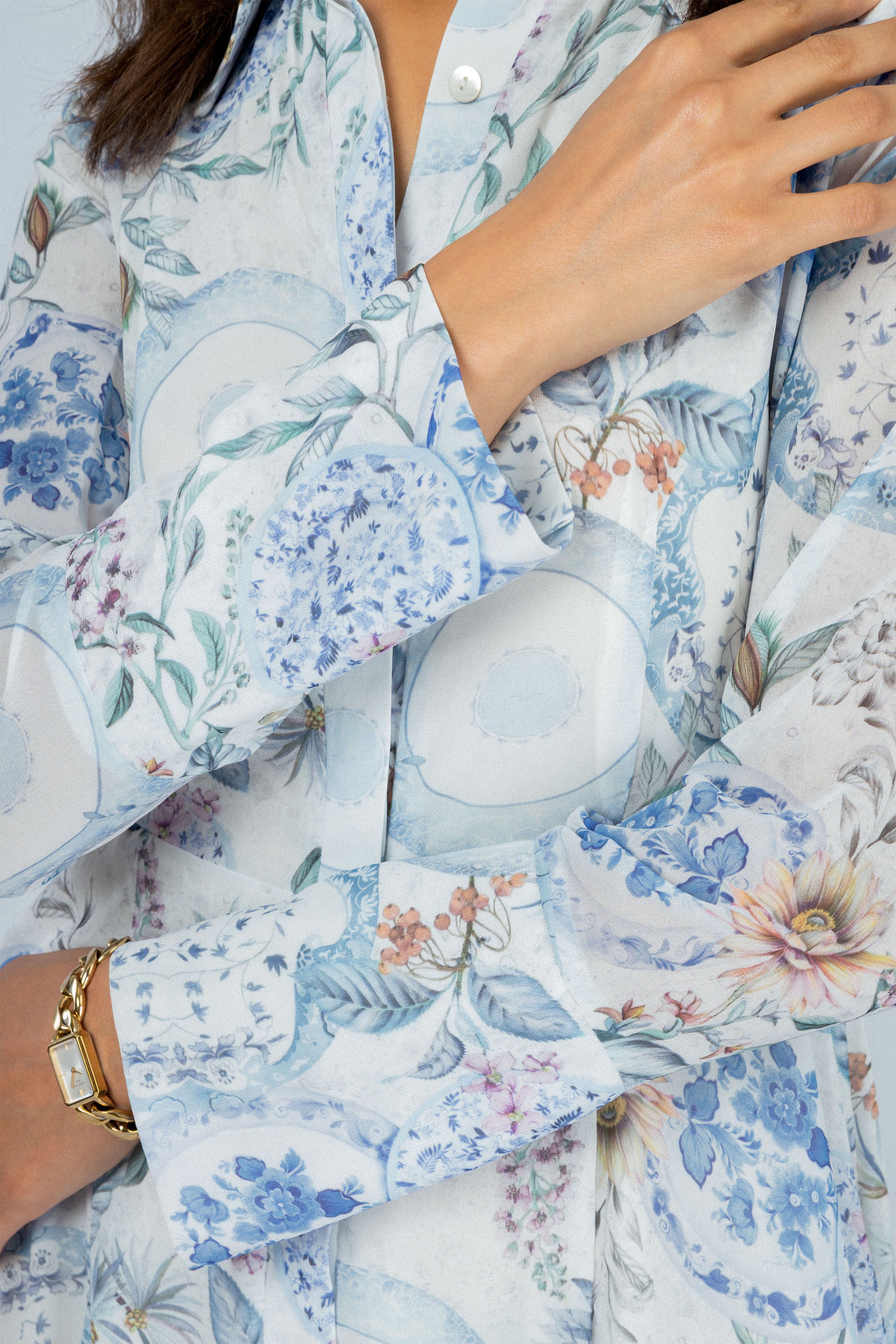 Printed Blue Chiffon Classic Long Dress