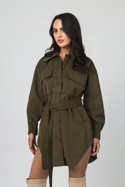 Brown Button-Up Casual Shirt Dress