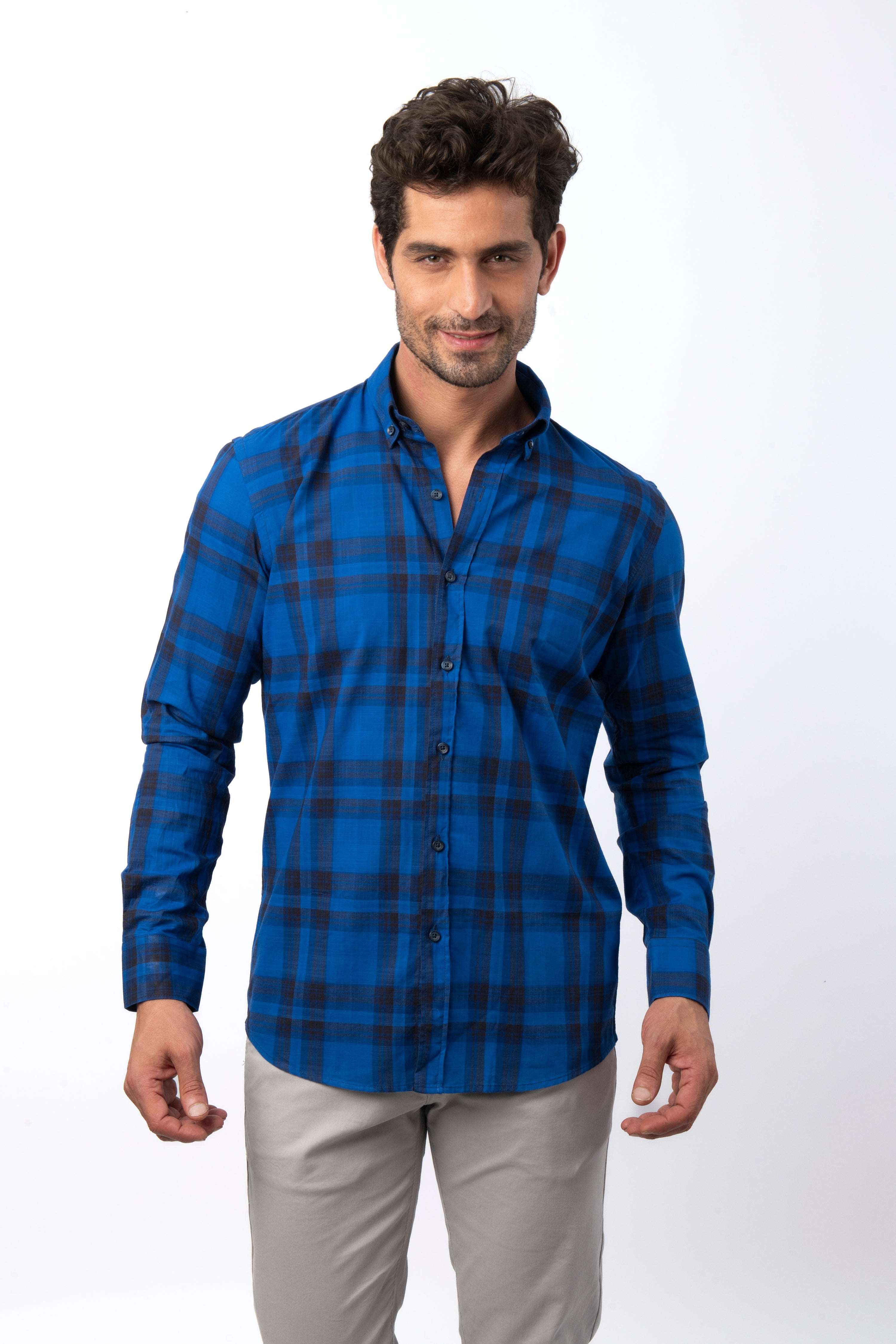 Checked Navy  Cotton Slim Casual Shirt