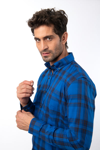 Checked Navy  Cotton Slim Casual Shirt