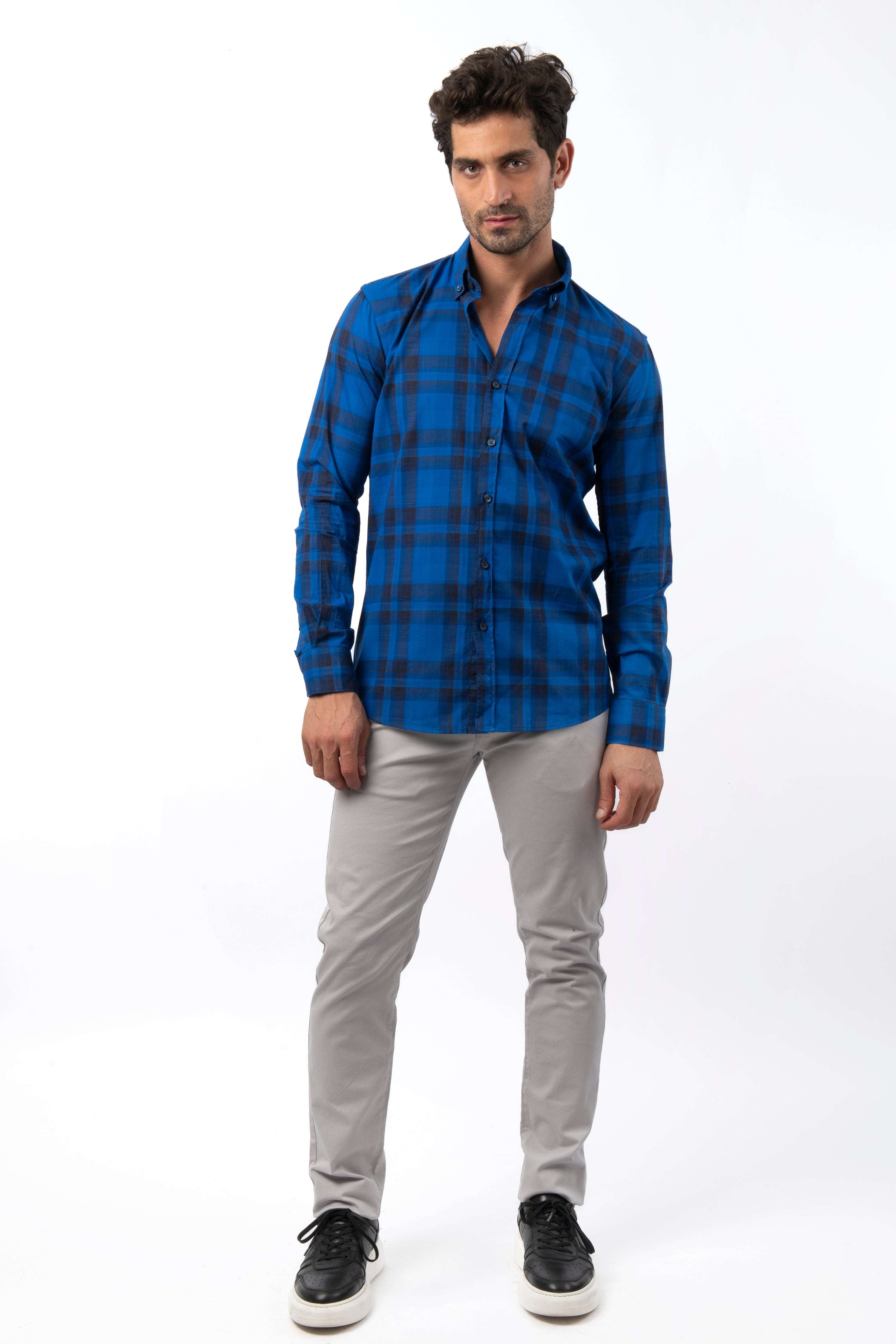 Checked Navy  Cotton Slim Casual Shirt