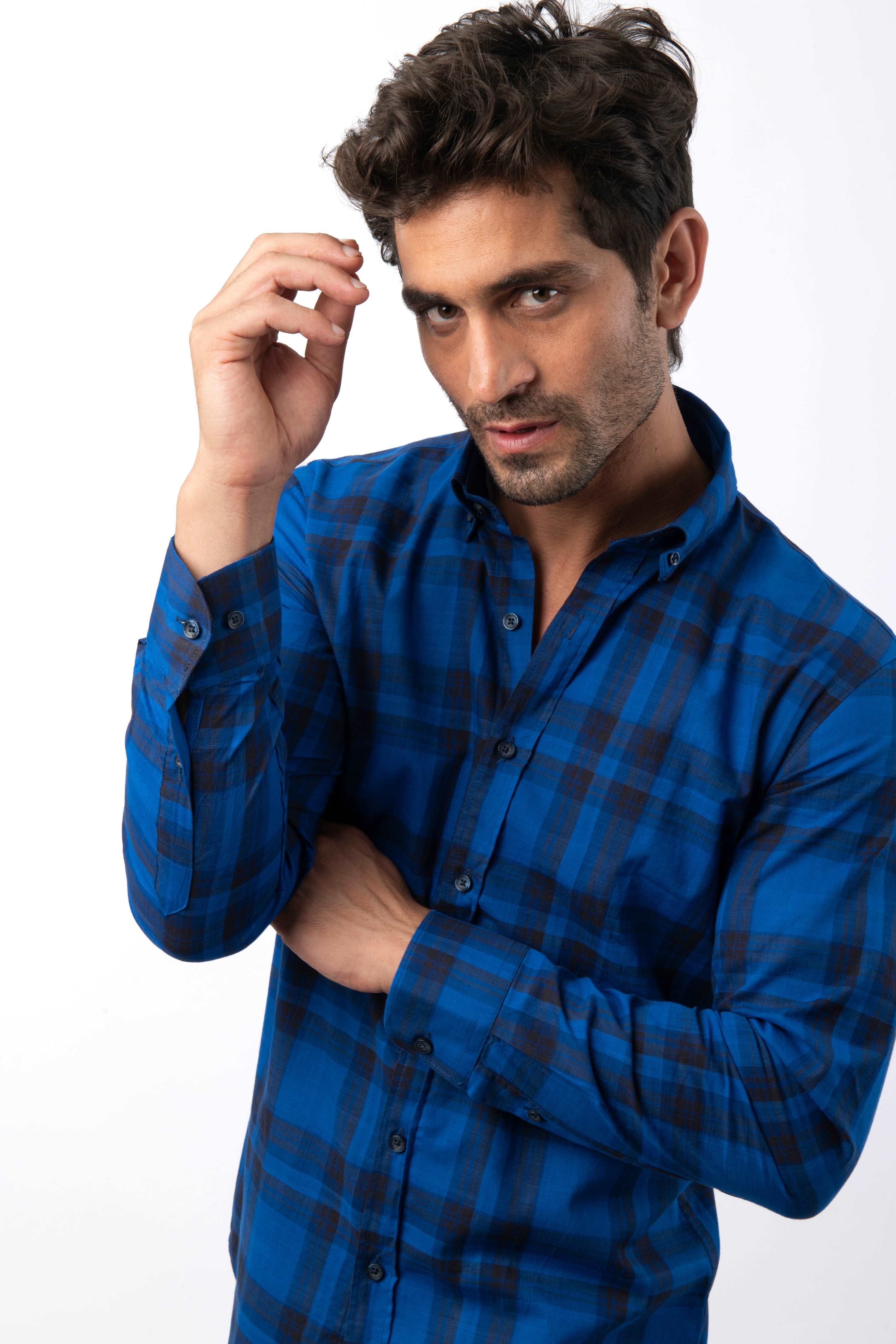 Checked Navy  Cotton Slim Casual Shirt