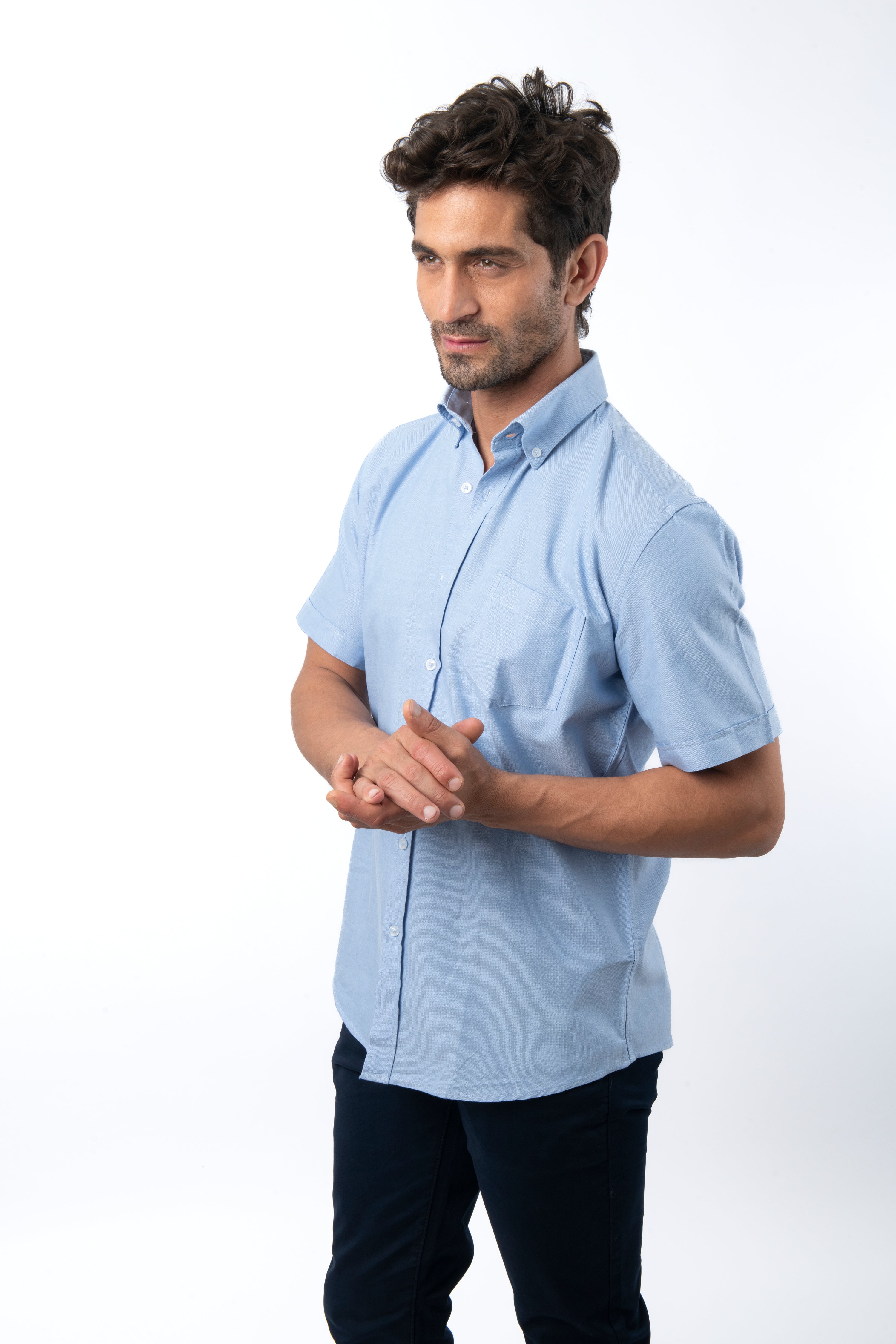 Oxford Light Blue Cotton Short Sleeves Shirt