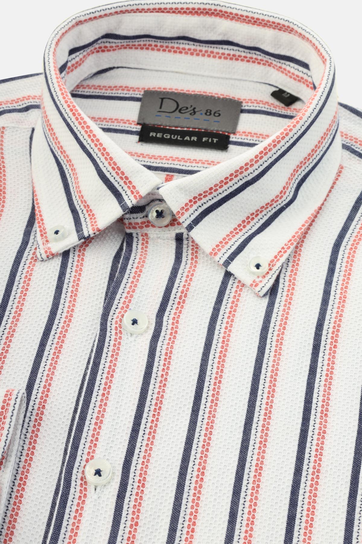 Jacquard Hexagonal Pattern Cotton White & Red Casual Shirt - 2