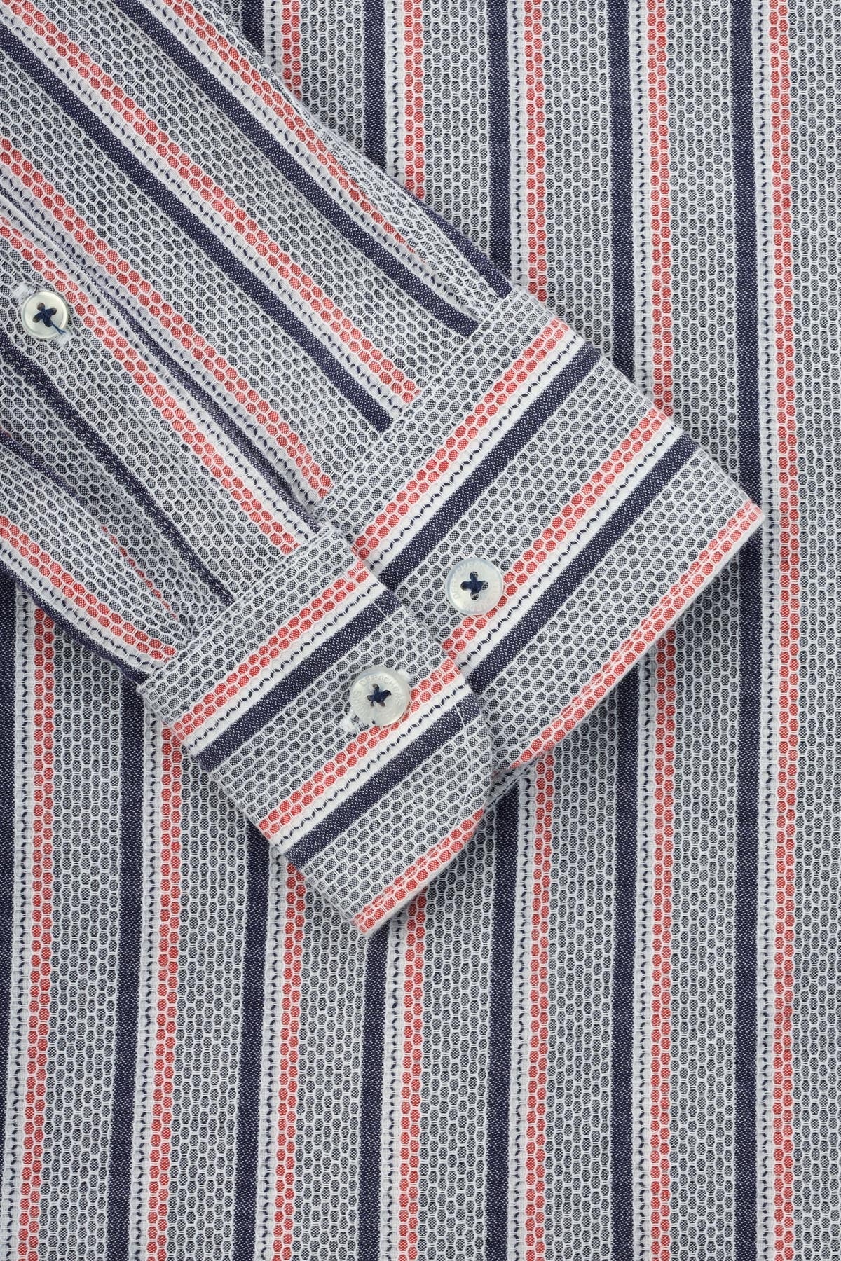 Jacquard Hexagonal Pattern Navy & Red Casual Shirt - 3
