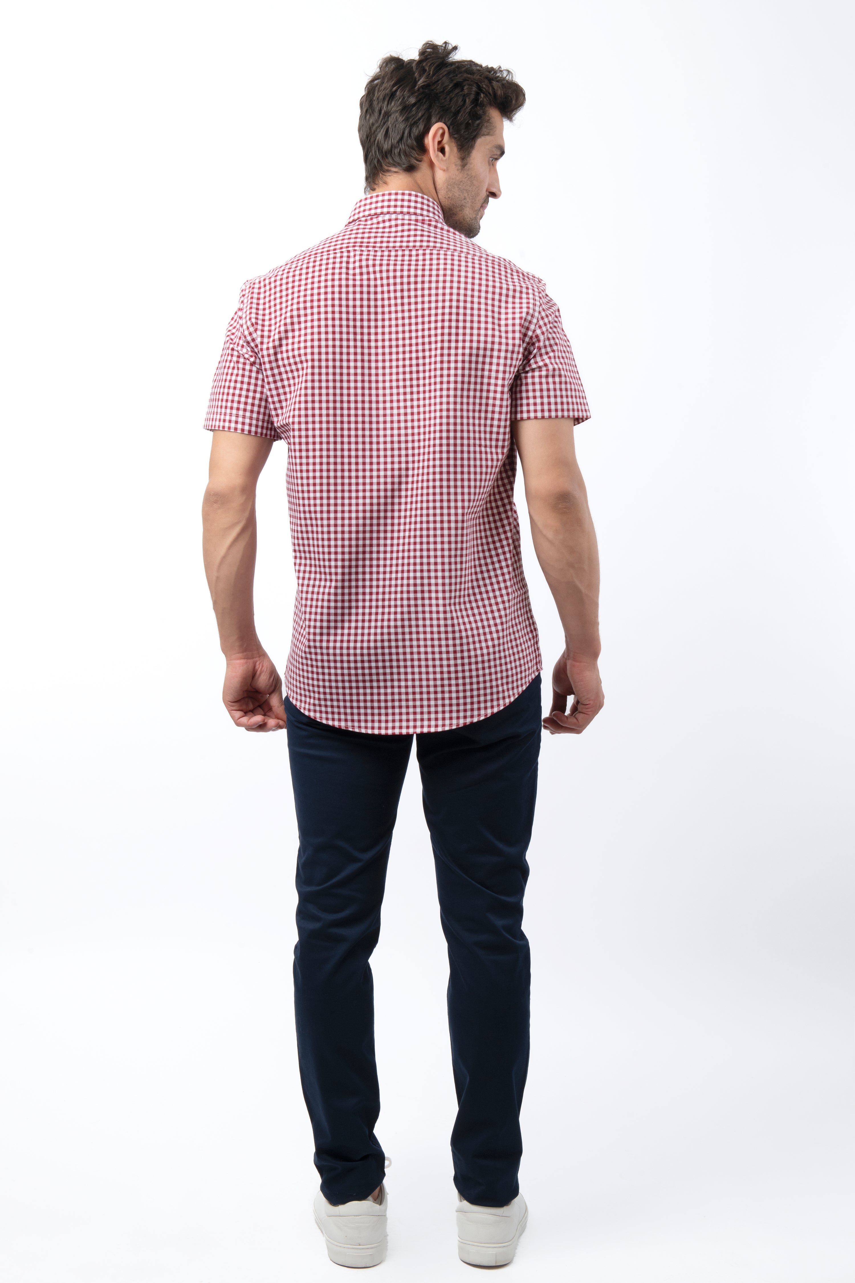 Checked Red & White Cotton Short Sleeves Shirt