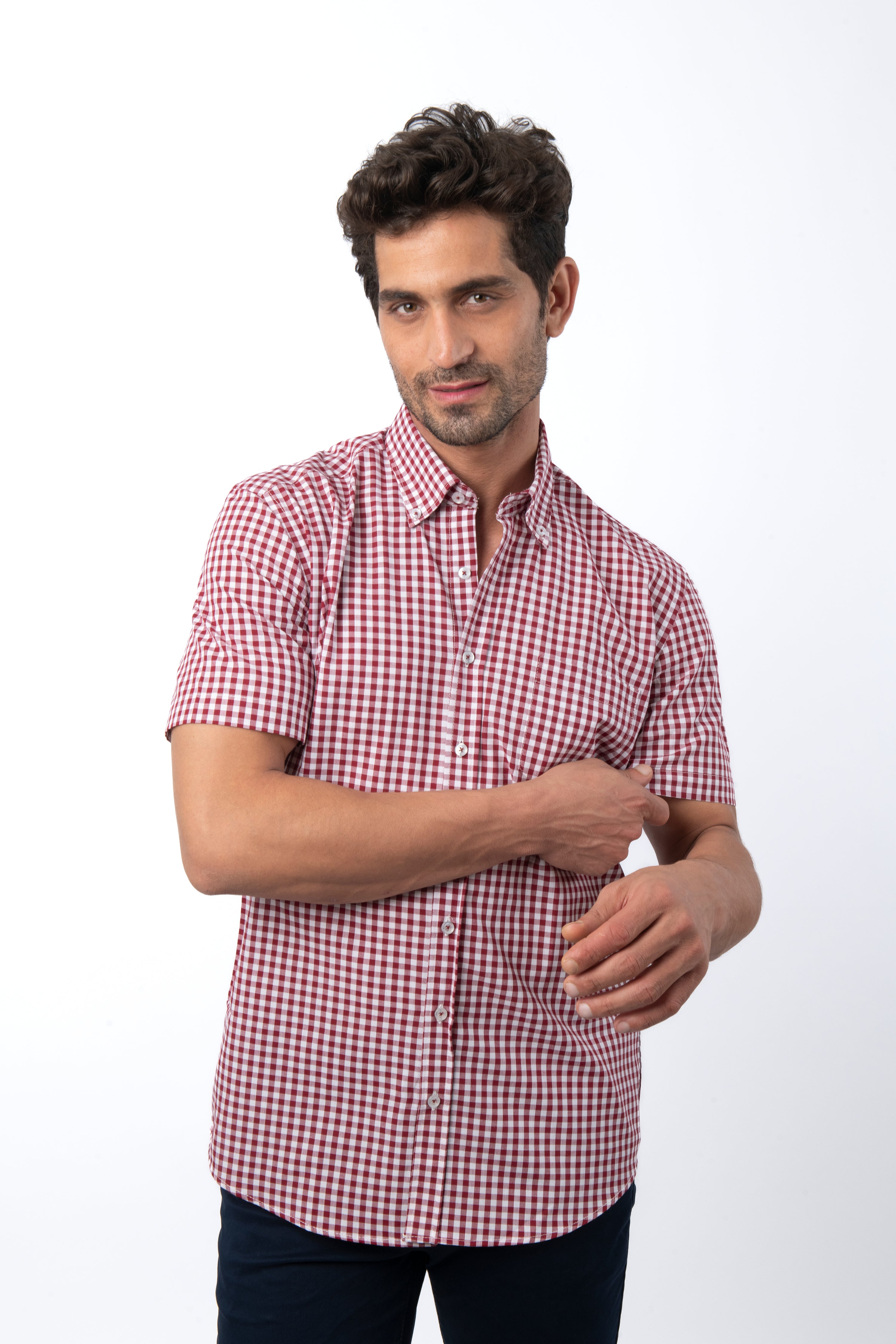 Checked Red & White Cotton Short Sleeves Shirt