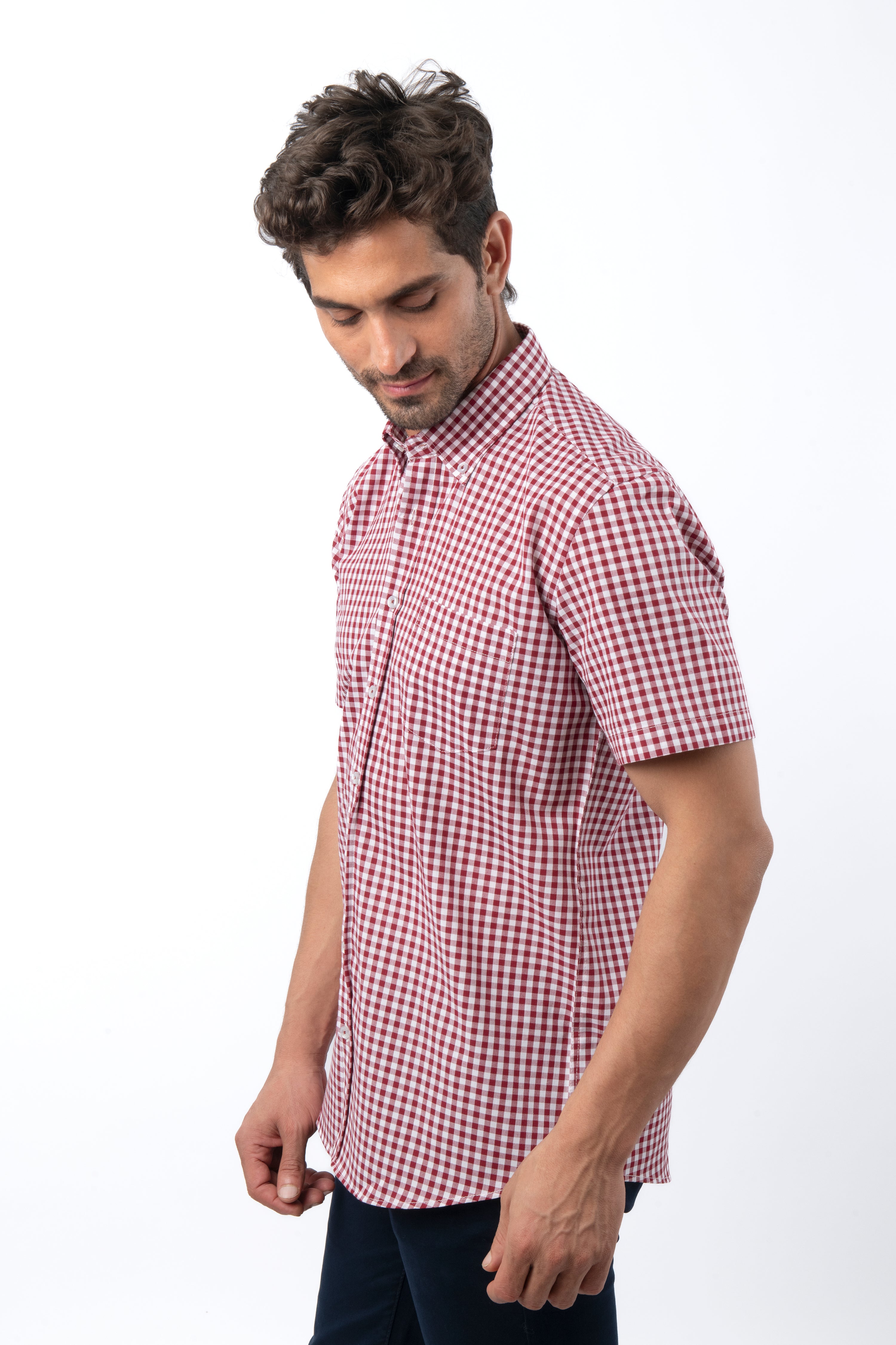 Checked Red & White Cotton Short Sleeves Shirt