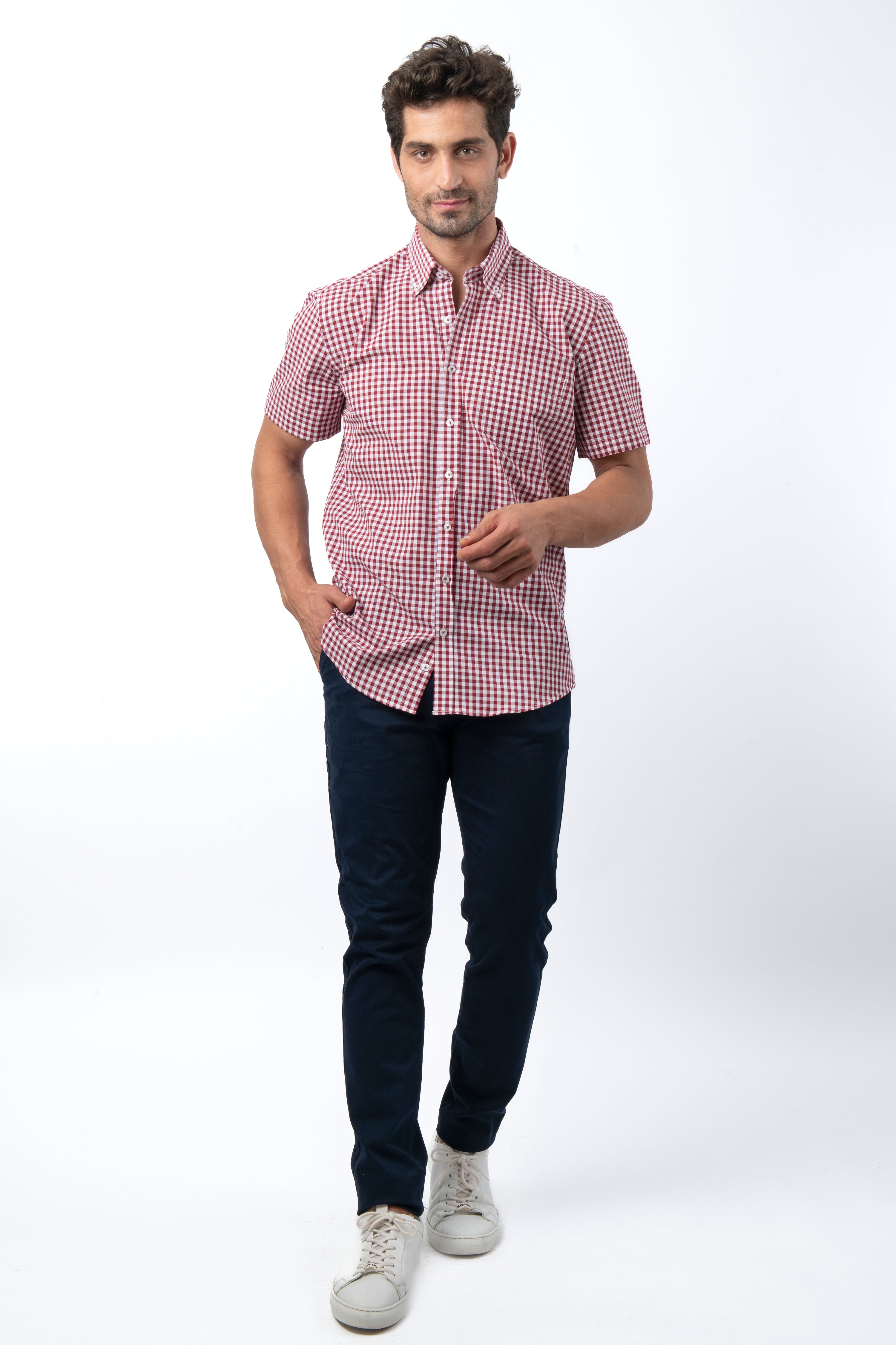 Checked Red & White Cotton Short Sleeves Shirt