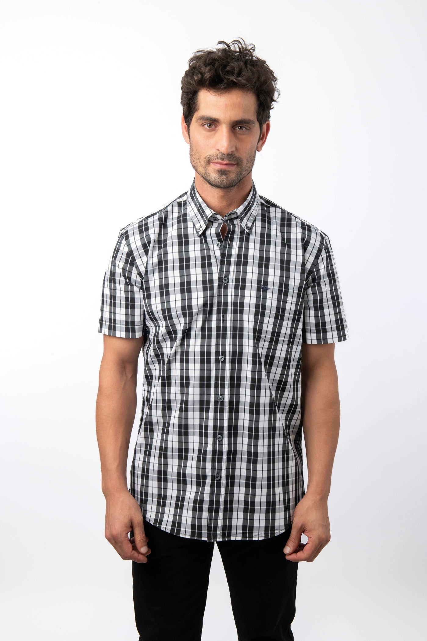 Checked Black & White Cotton Short Sleeves Shirt