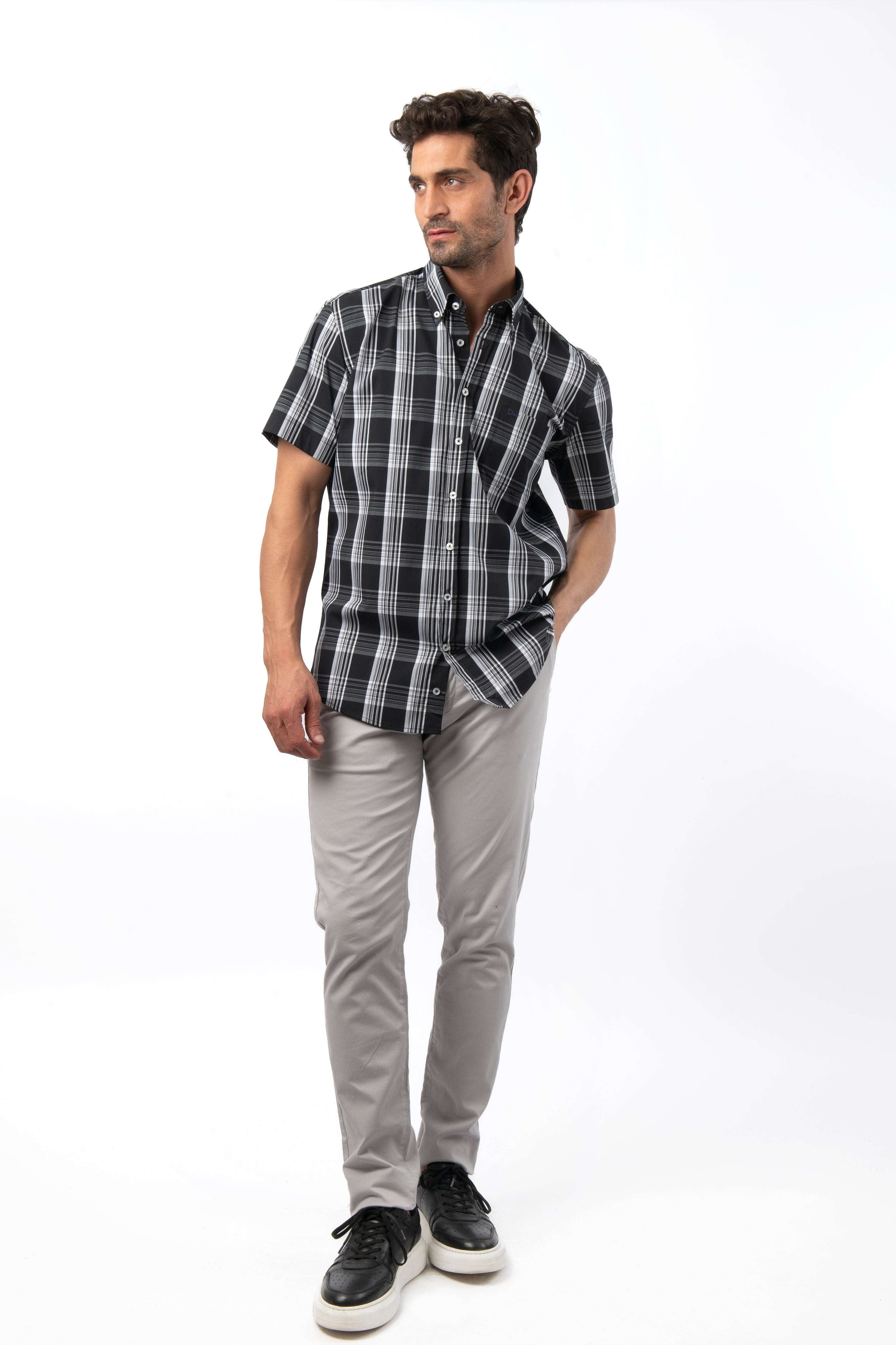 Checked Black Cotton Short Sleeves Shirt