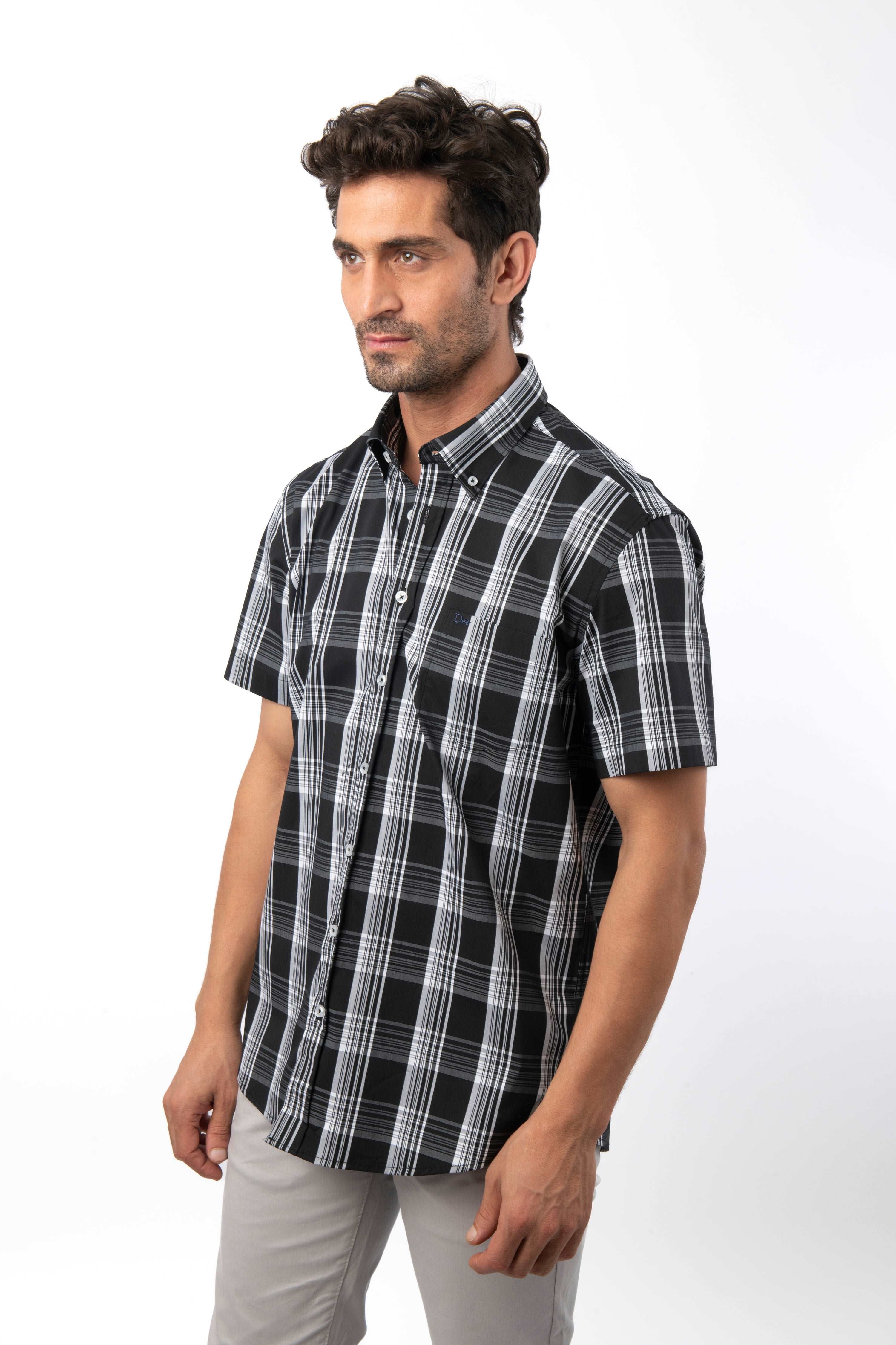 Checked Black Cotton Short Sleeves Shirt