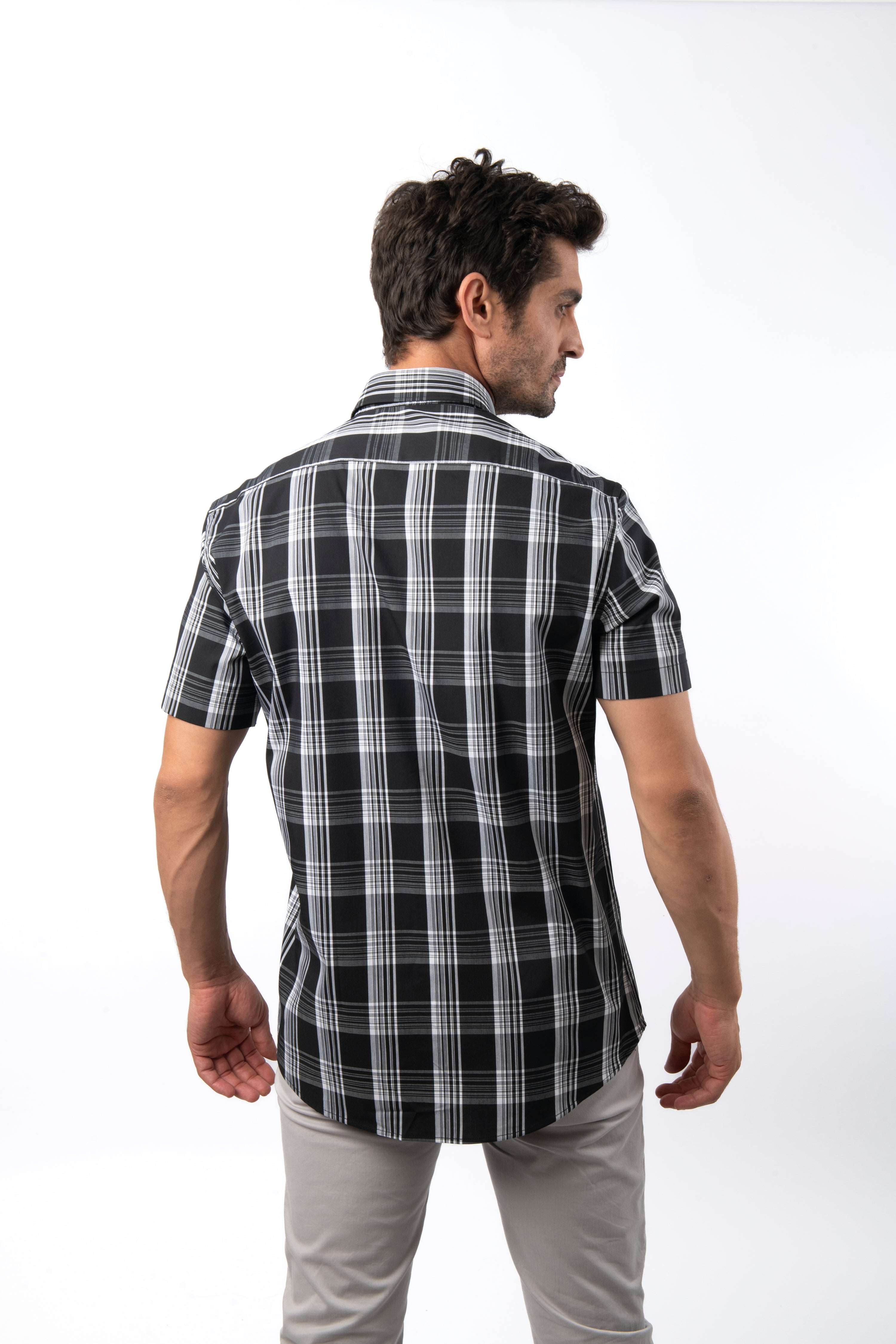 Checked Black Cotton Short Sleeves Shirt