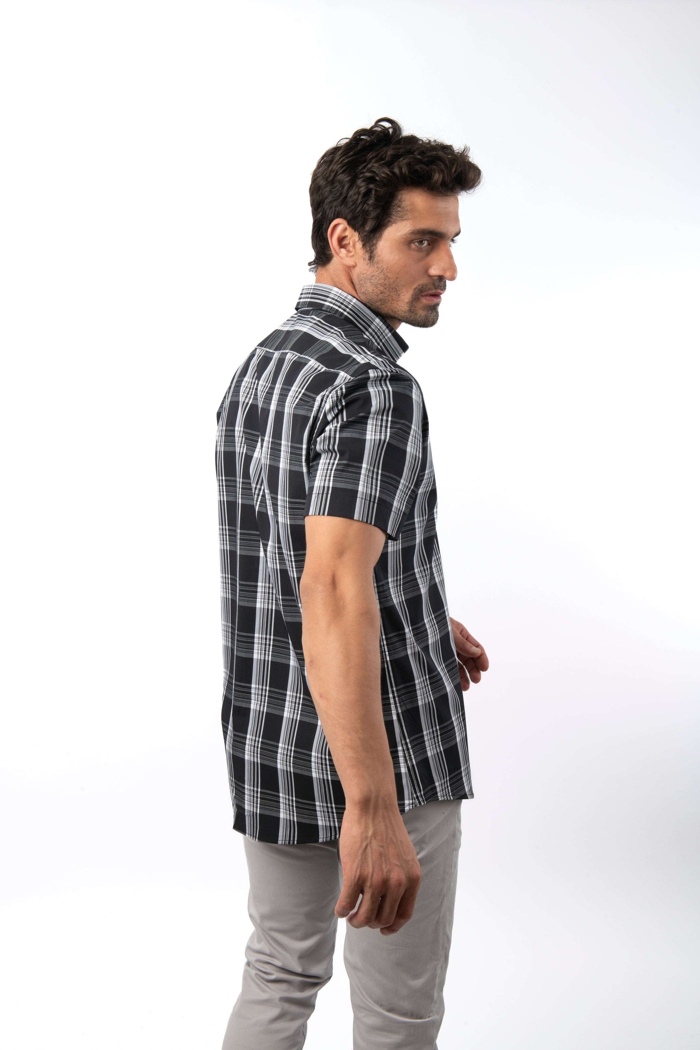 Checked Black Cotton Short Sleeves Shirt