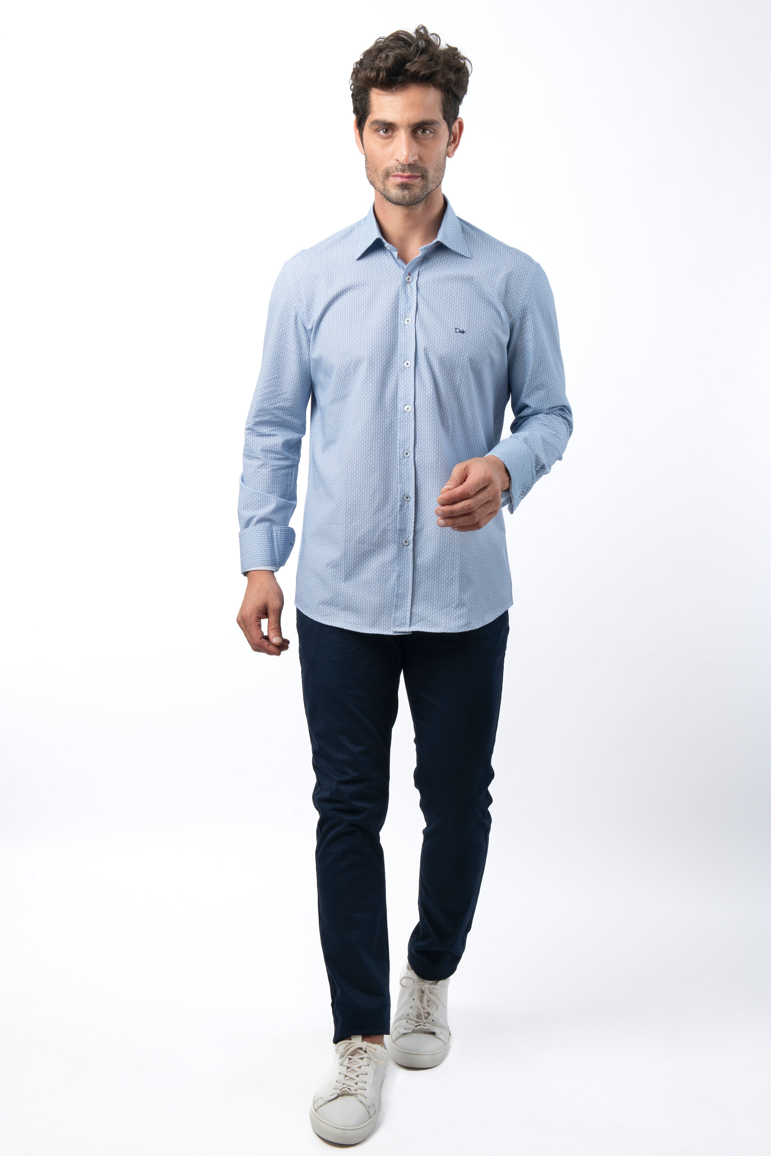 Printed  Light Blue Cotton Casual Shirt