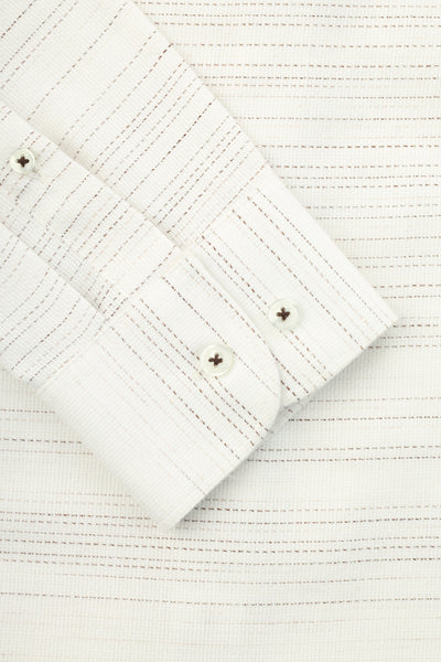 Jacquard Striped Cotton White & Burnt Brown Casual Shirt