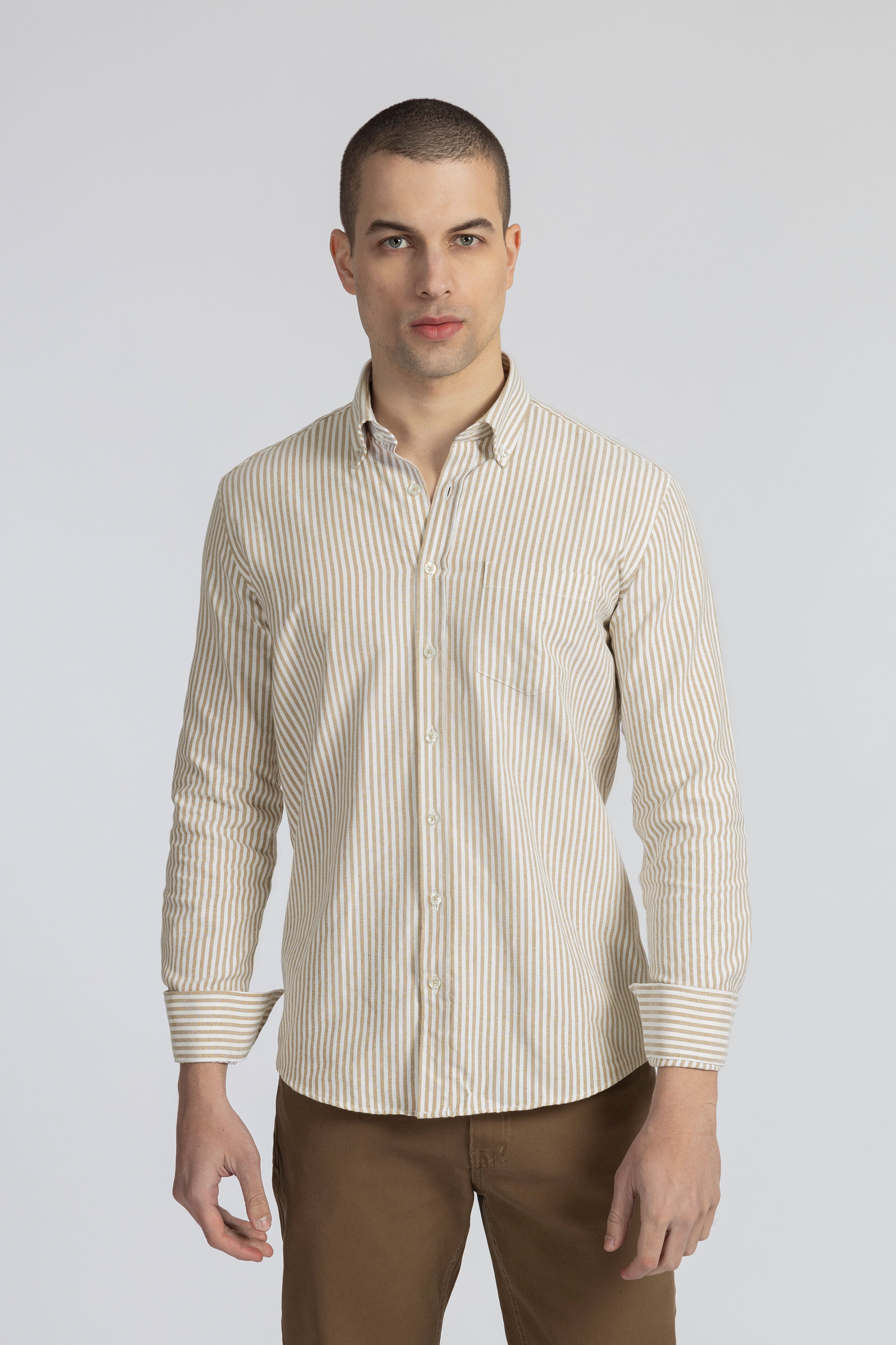 Striped Oxford Beige Casual Shirt with Pocket - 2