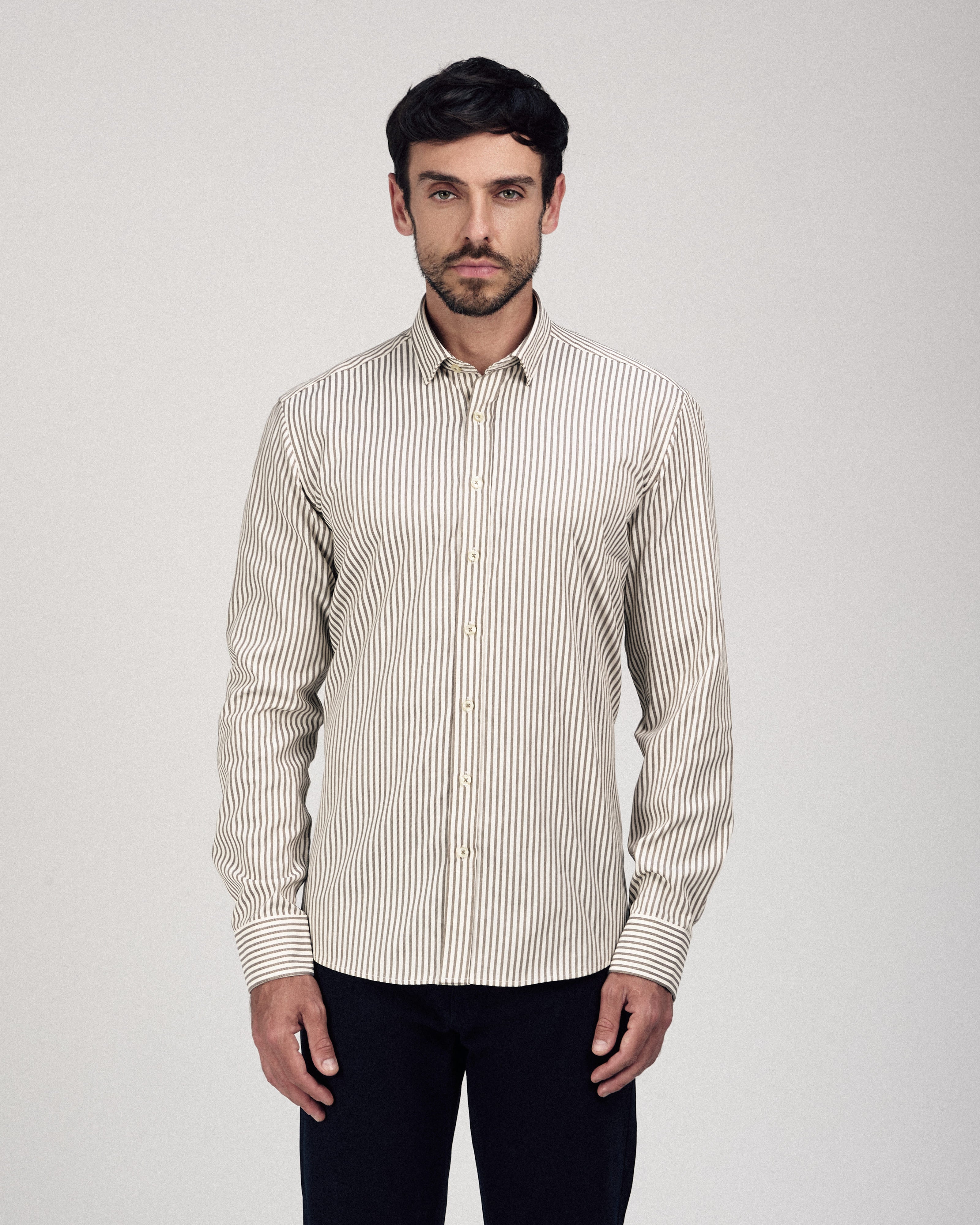 Striped Oxford Beige Casual Shirt with Pocket