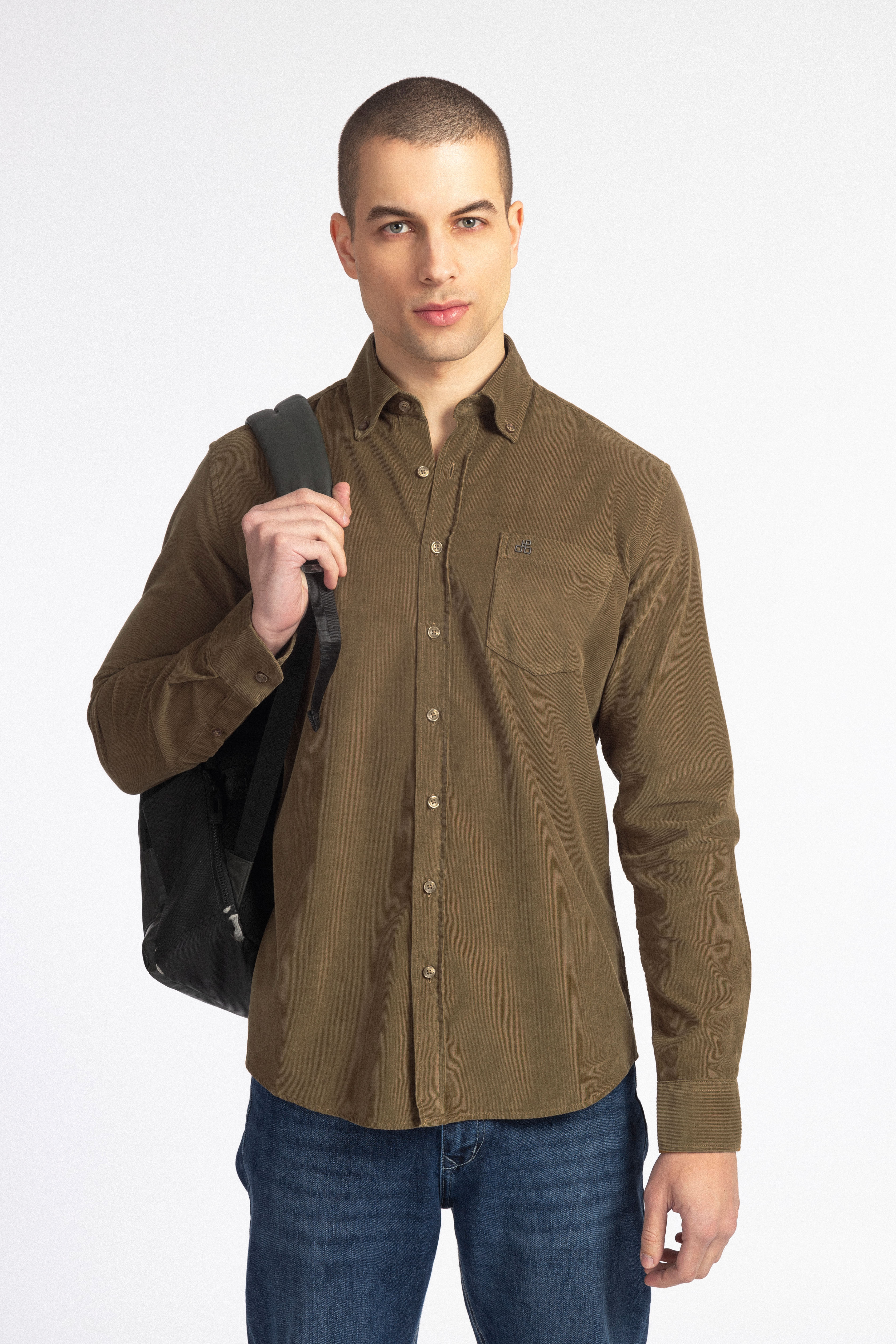 Drab Dark Brown Button-Up Velvet Shirt