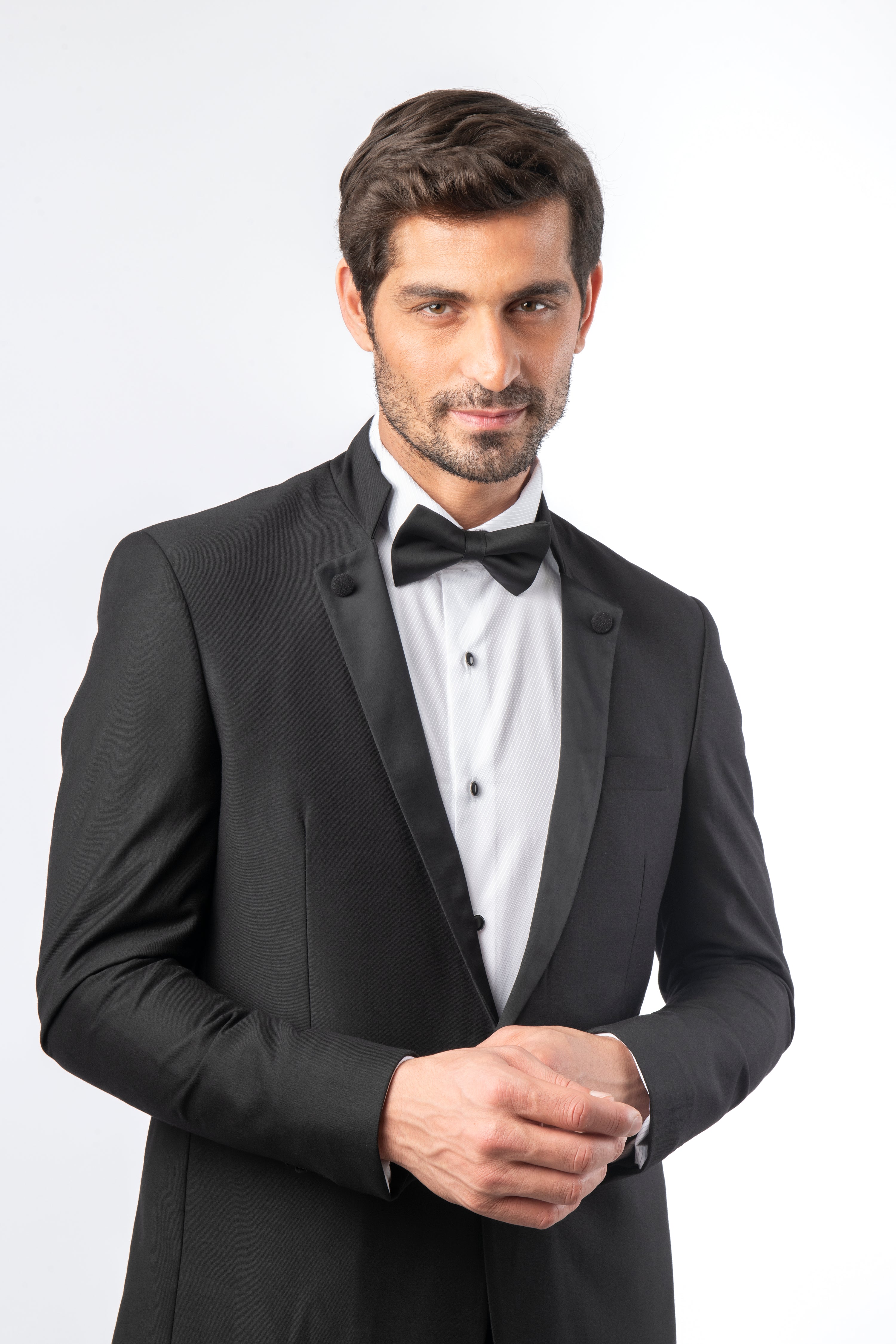 Solid Slim Mandarin Collar Black Twill Tuxedo