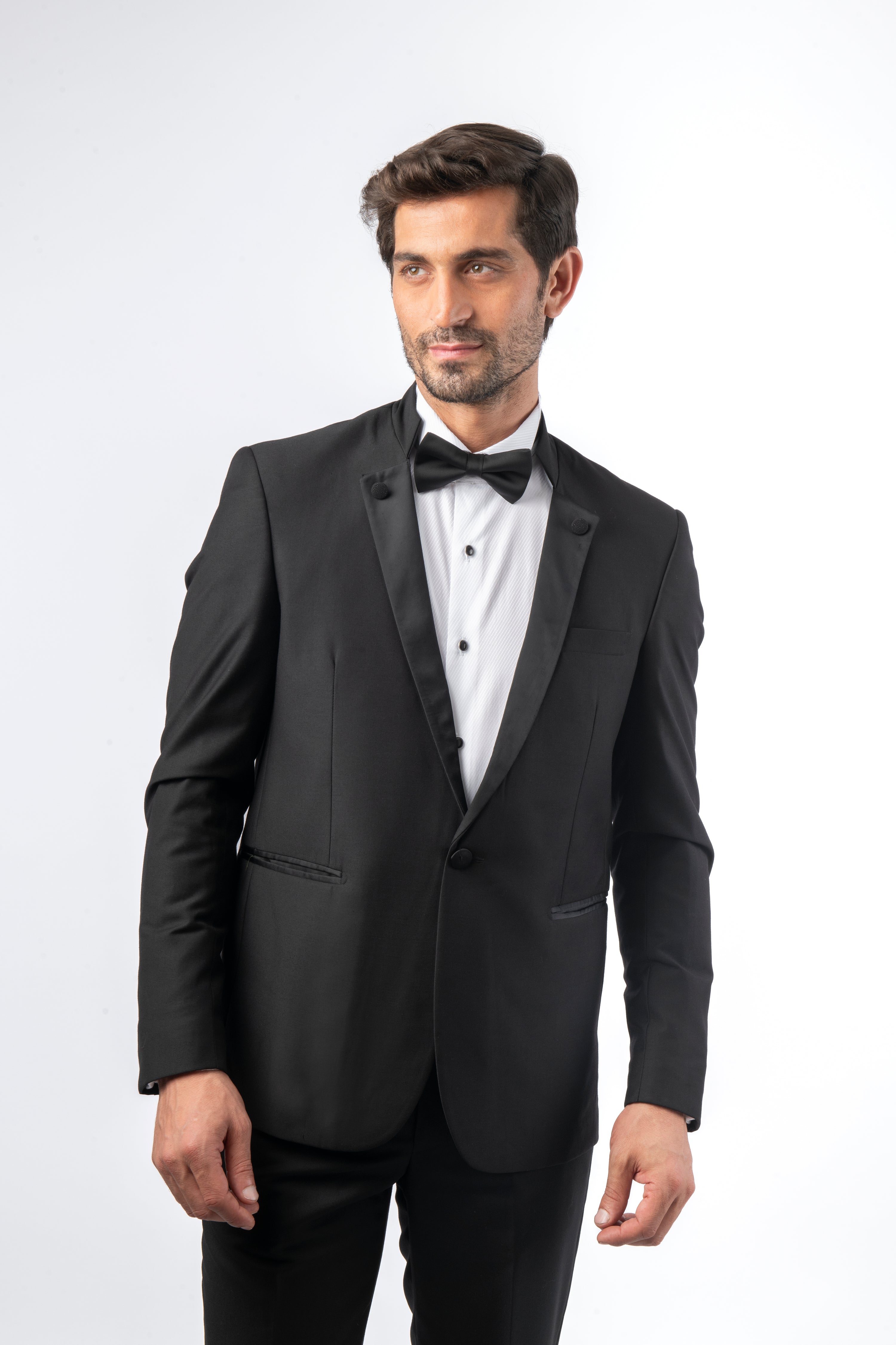 Solid Slim Mandarin Collar Black Twill Tuxedo