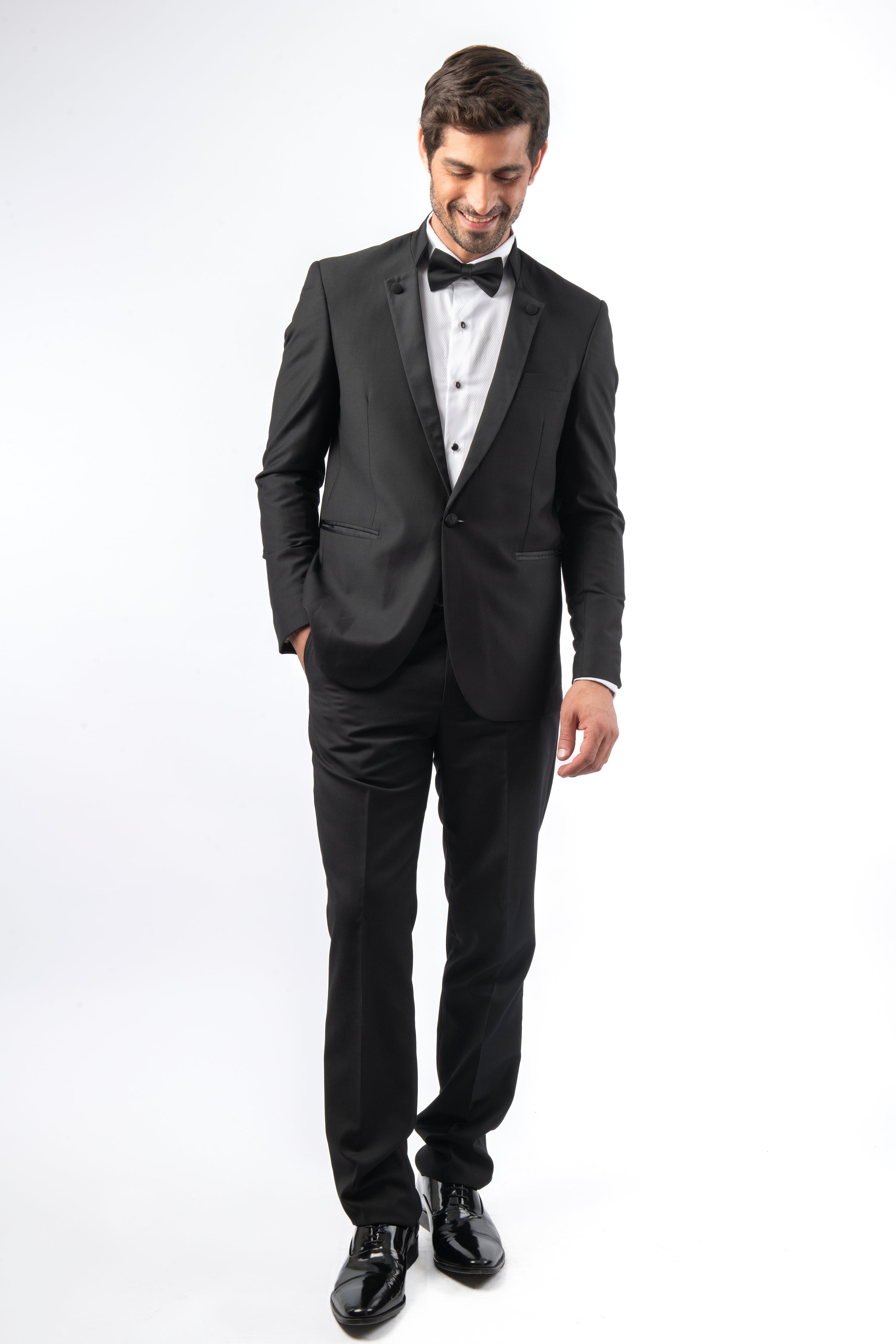 Solid Slim Mandarin Collar Black Twill Tuxedo