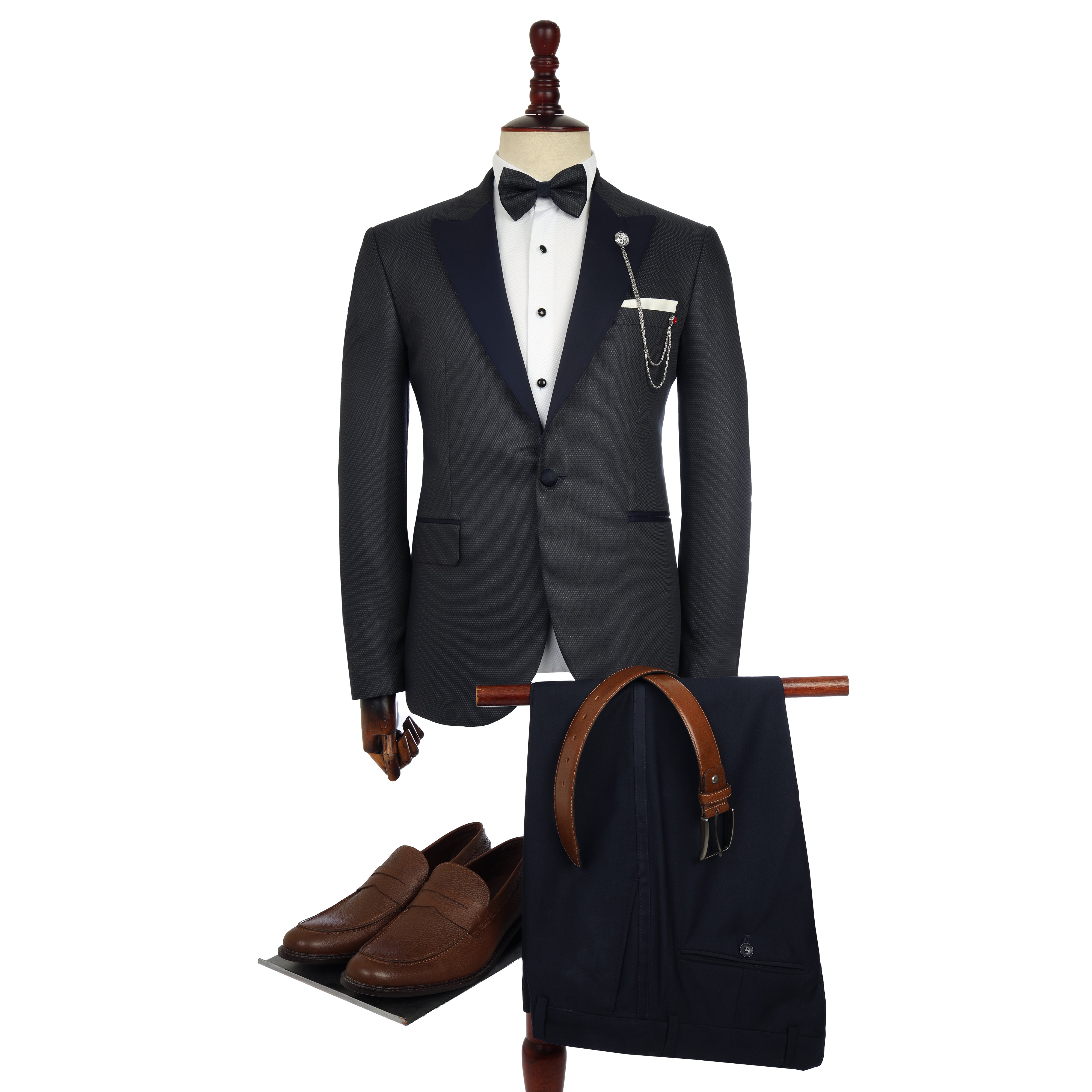 Jacquard Peaked Lapel Super Slim Black Tuxedo