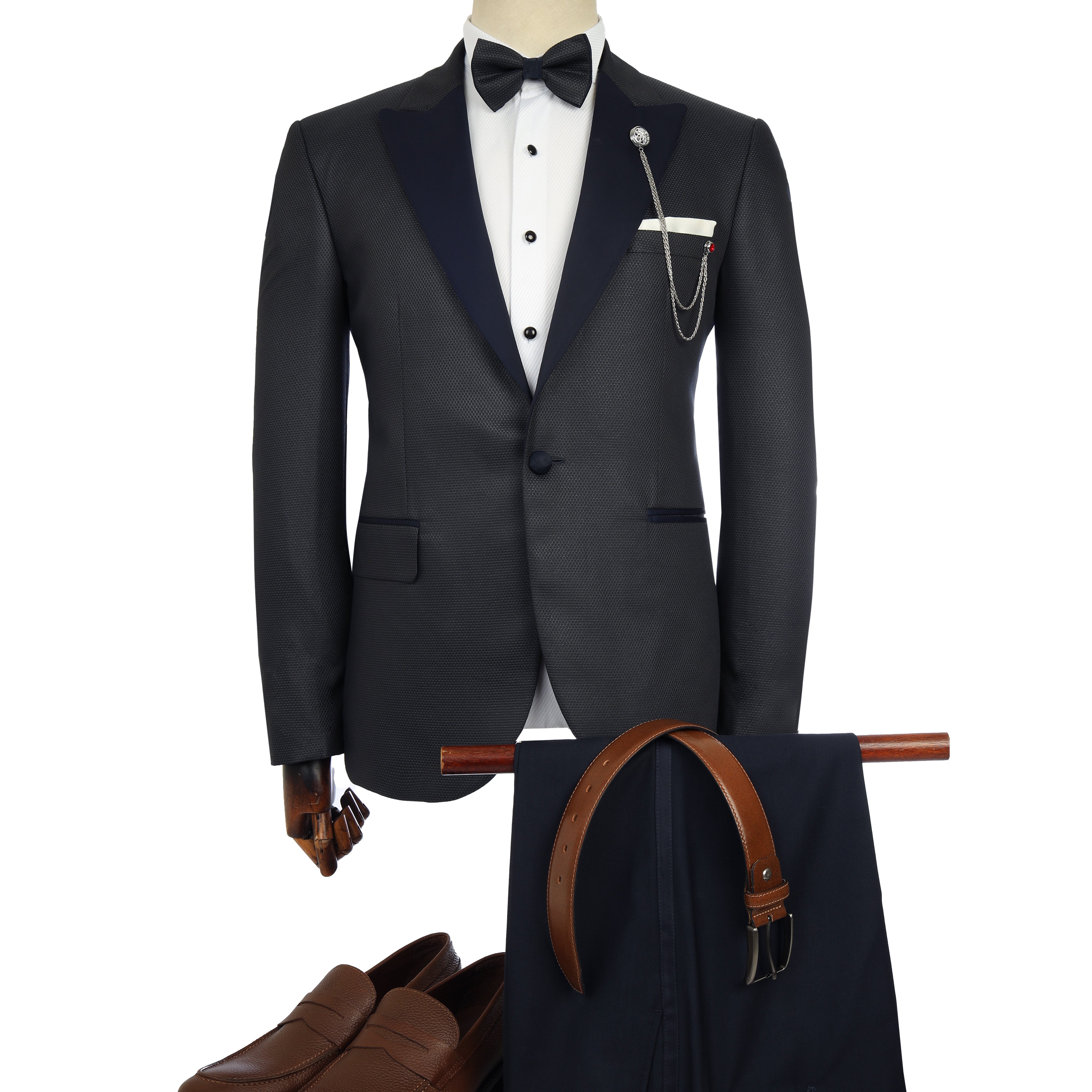 Jacquard Peaked Lapel Super Slim Black Tuxedo